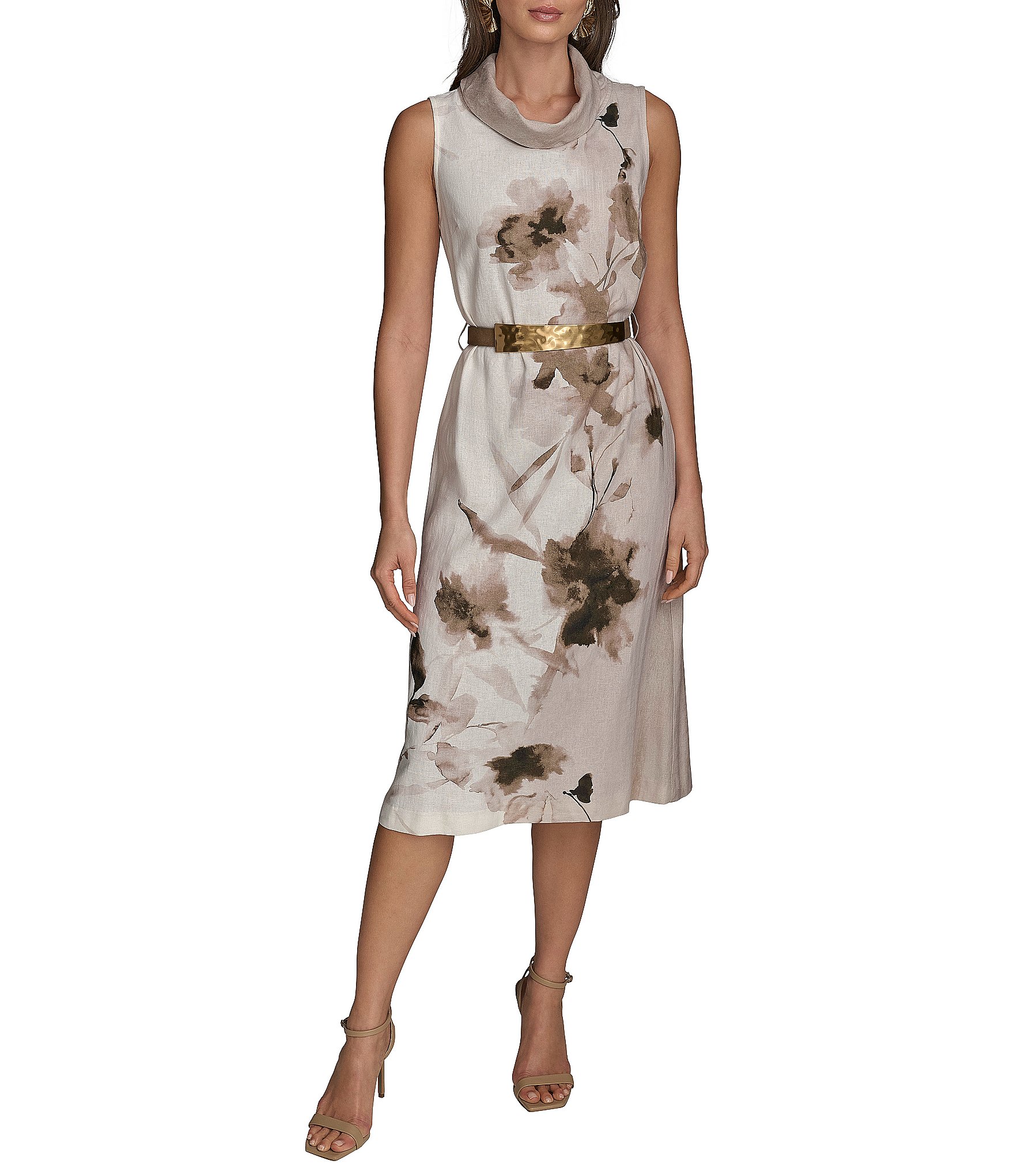 【Donna Karan New York】Floral-Print Belted Midi Dress Donna Karan New York Women's Floral-Print Belted A-Line Midi