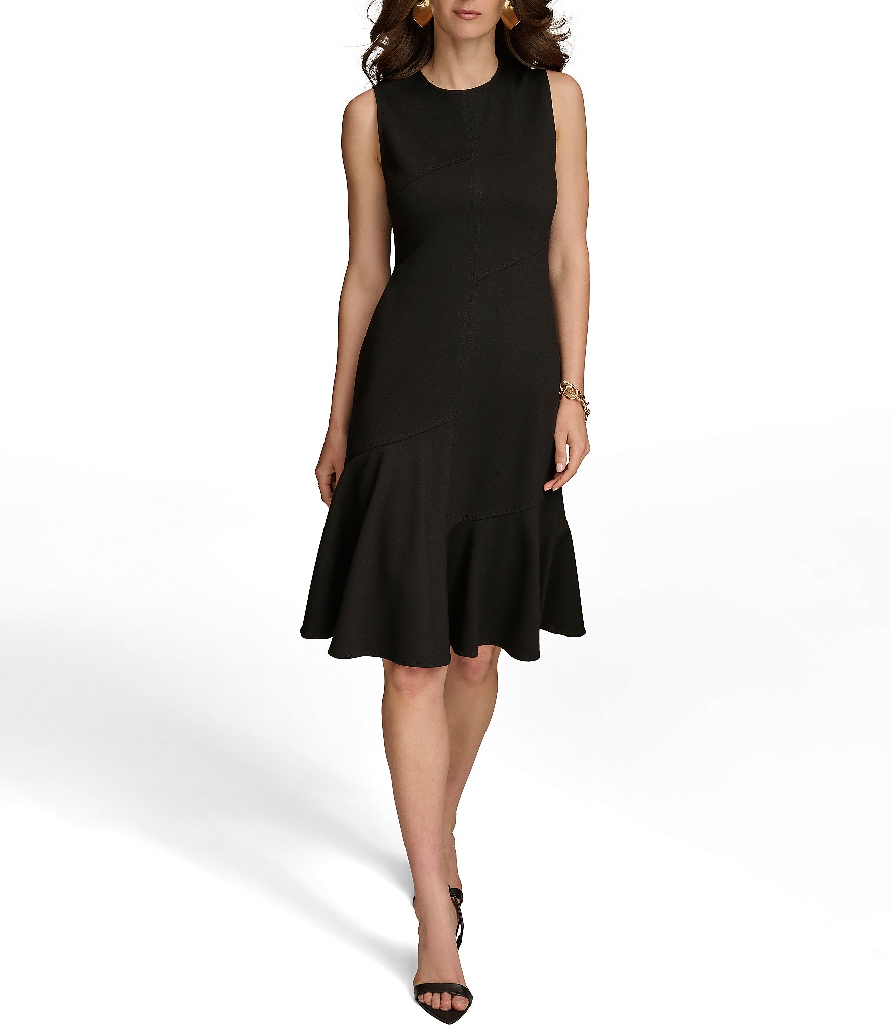 Donna Karan Sleeveless Crew Neck Flounce Hem Dress