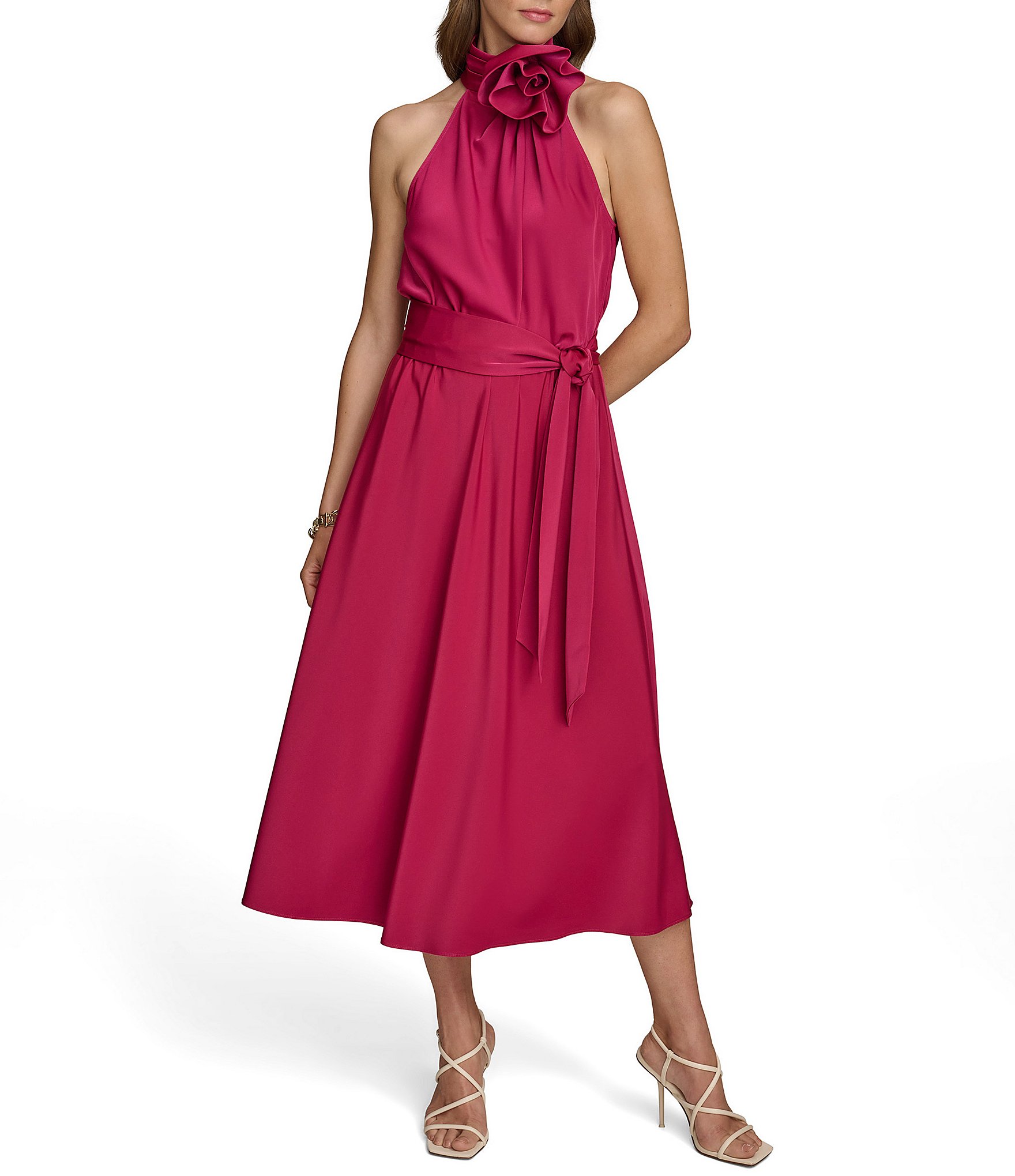 Donna Karan Sleeveless Floral Embellished Halter Neck Tie Waist Satin ...