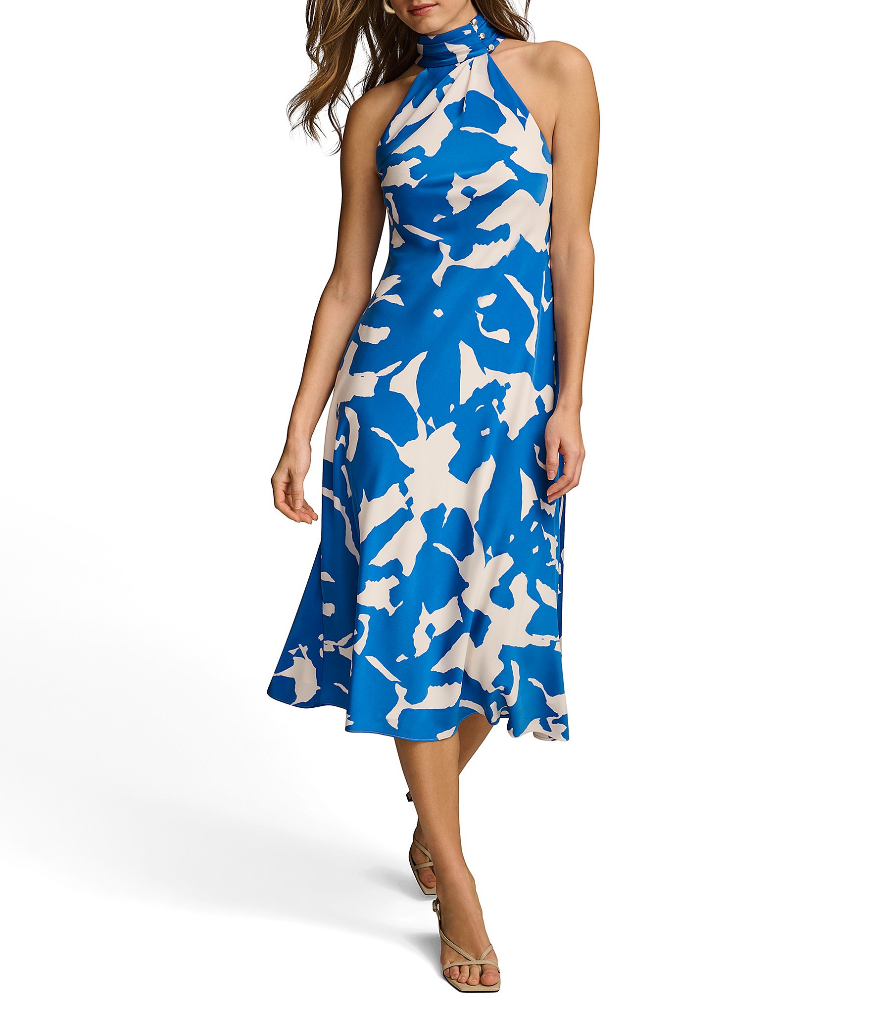 Donna Karan Sleeveless Halter Neck Printed Satin Midi Dress | Dillard's