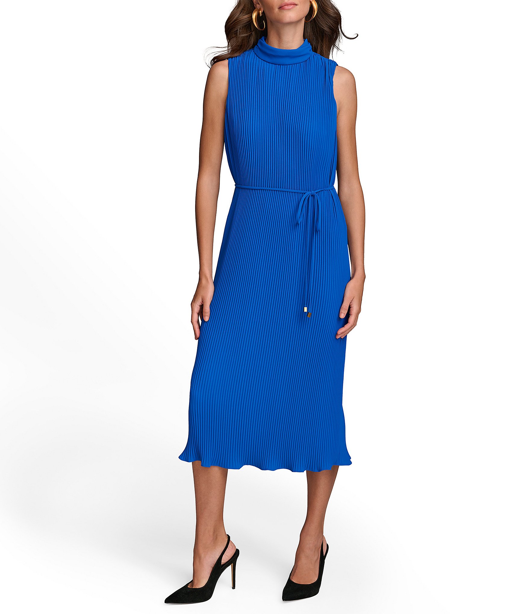 Donna Karan Sleeveless Mock Neck Tie Waist Pleated Midi Dress | Dillard's
