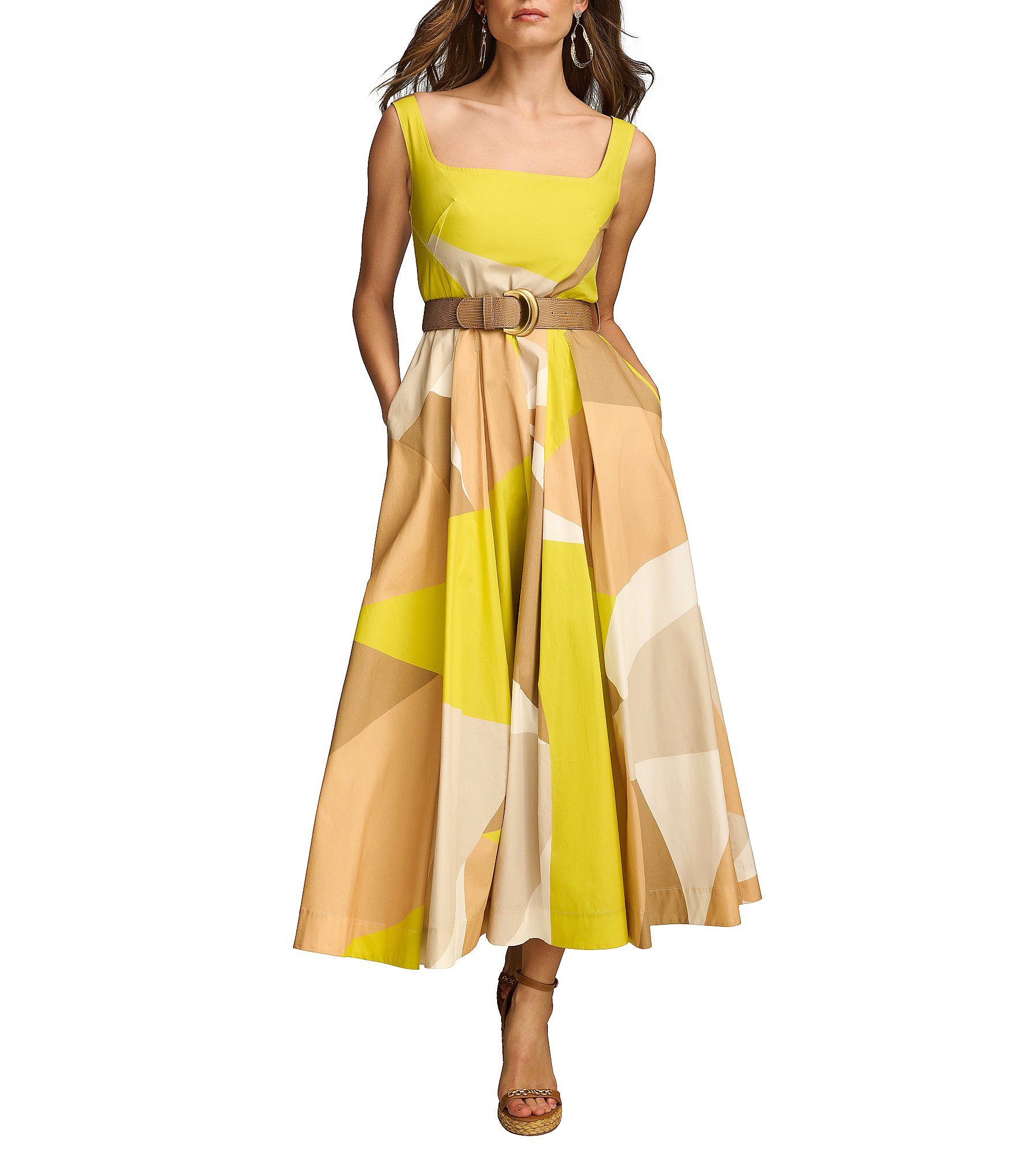 Donna Karan Sleeveless Square Neck A-Line Belted Geometric Print Midi ...