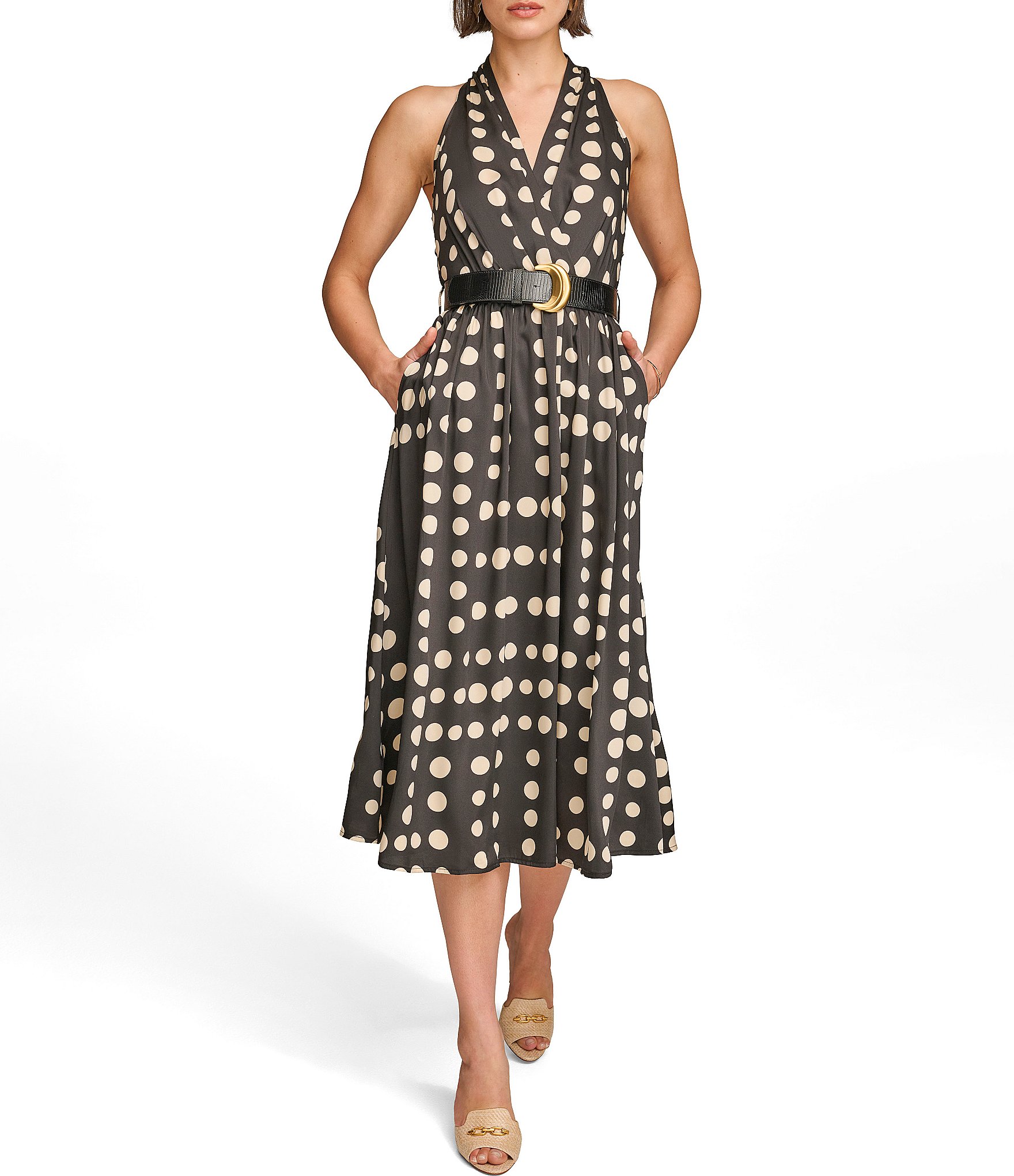 Donna Karan Sleeveless V-Neck Belted Polka Dot Midi Dress | Dillard's