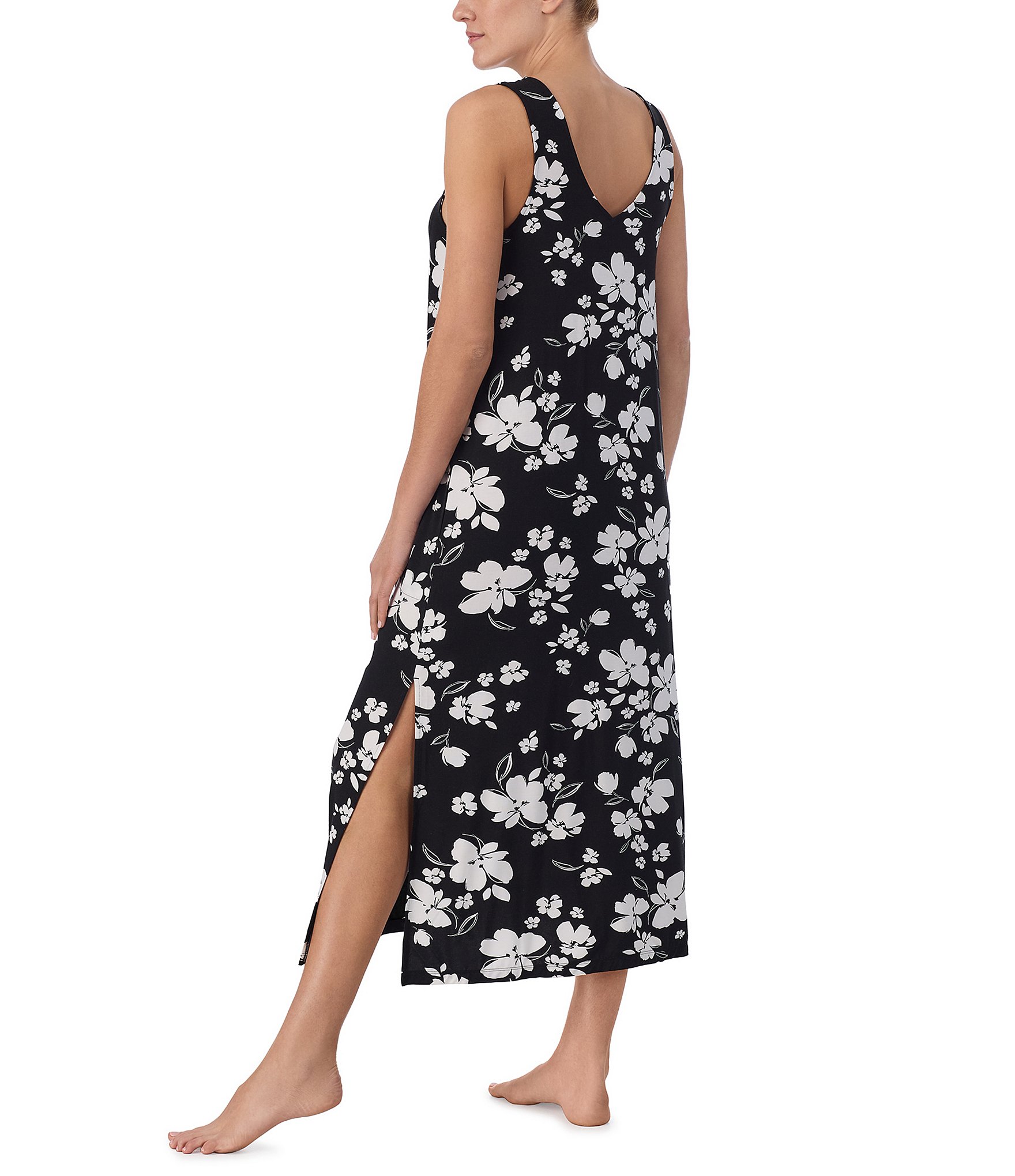 Donna Karan Sleeveless V-Neck Floral Jersey Knit Lounge Dress