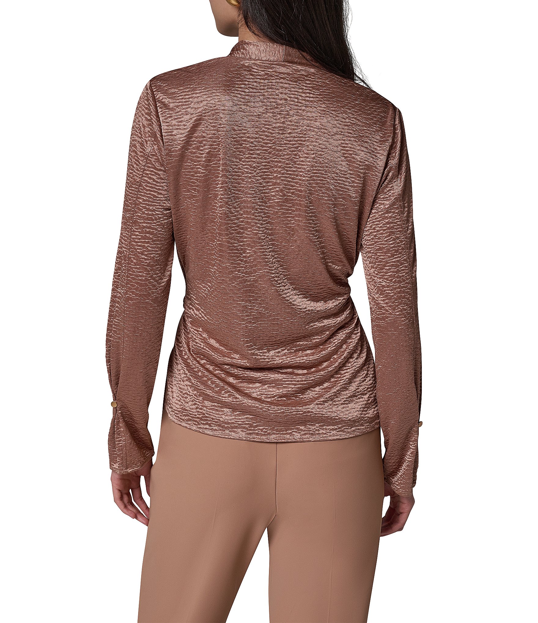 Donna Karan Solid Crinkle Knit Draped Surplice V-Neck Long Sleeve Side Tie Hem Top