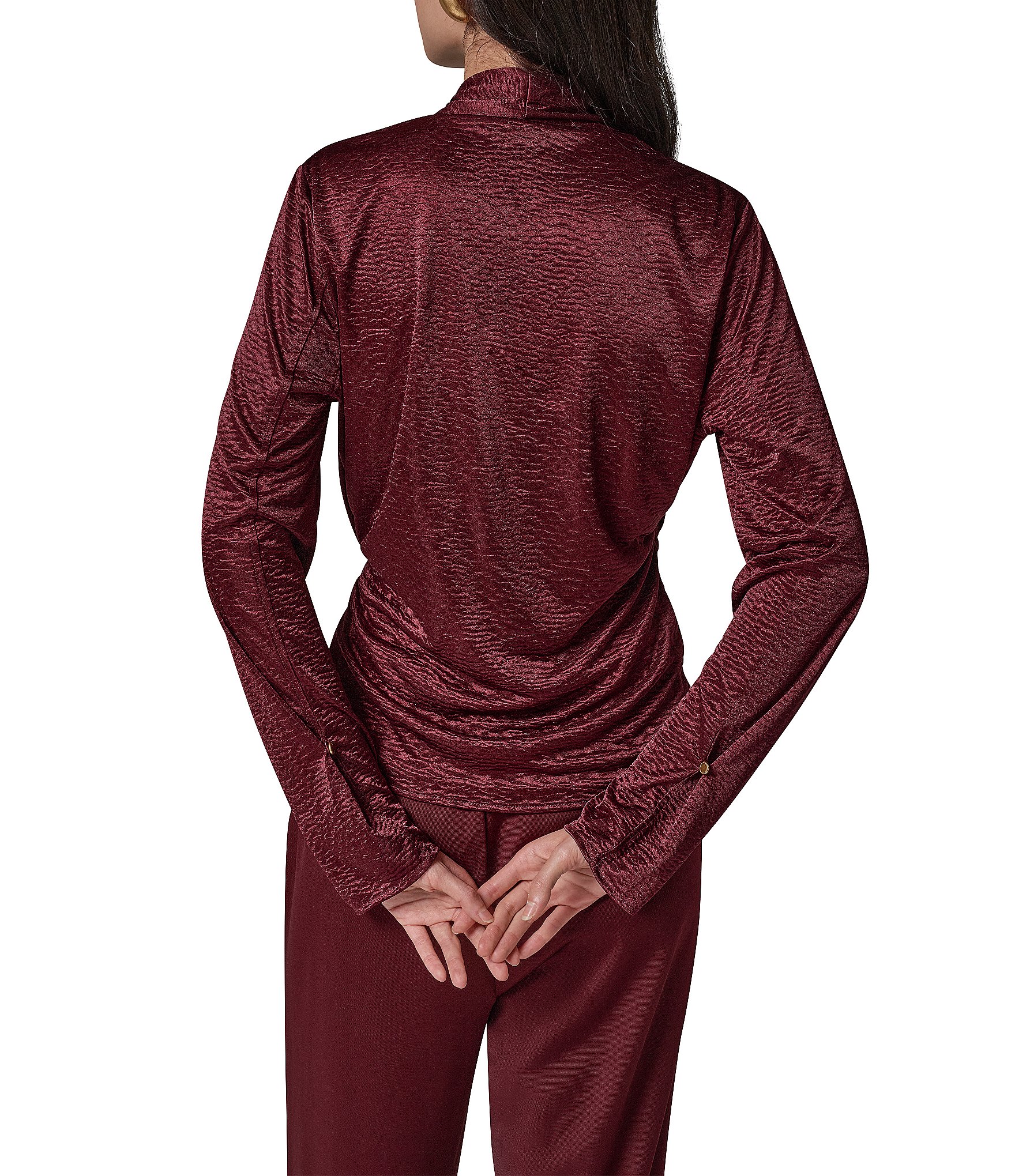 Donna Karan Solid Crinkle Knit Draped Surplice V-Neck Long Sleeve Side Tie Hem Top