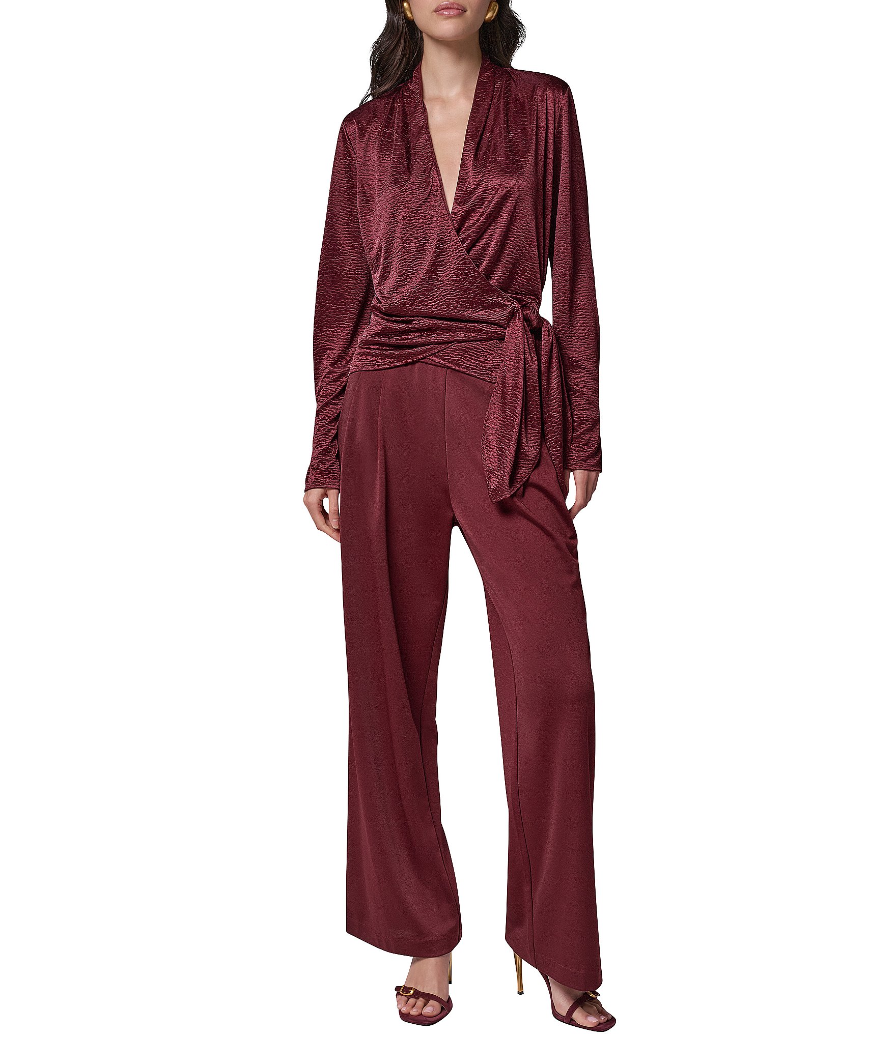 Donna Karan Solid Crinkle Knit Draped Surplice V-Neck Long Sleeve Side Tie Hem Top
