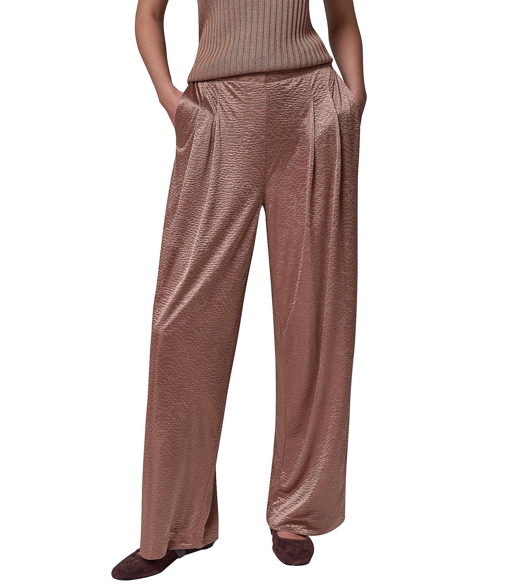 Donna Karan Solid Crinkle Knit Pleated Waist Wide Leg Pull-On Pants
