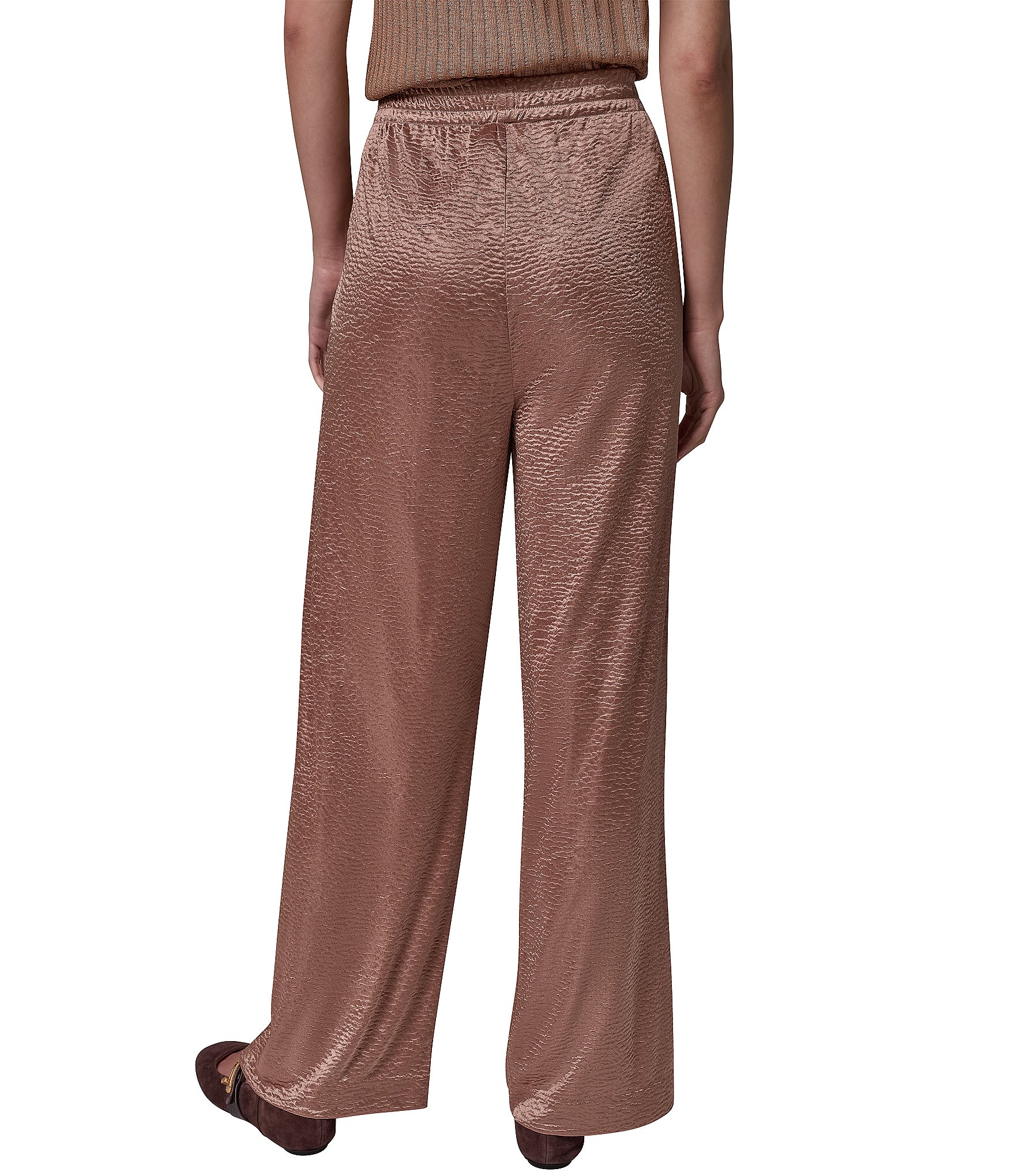 Donna Karan Solid Crinkle Knit Pleated Waist Wide Leg Pull-On Pants