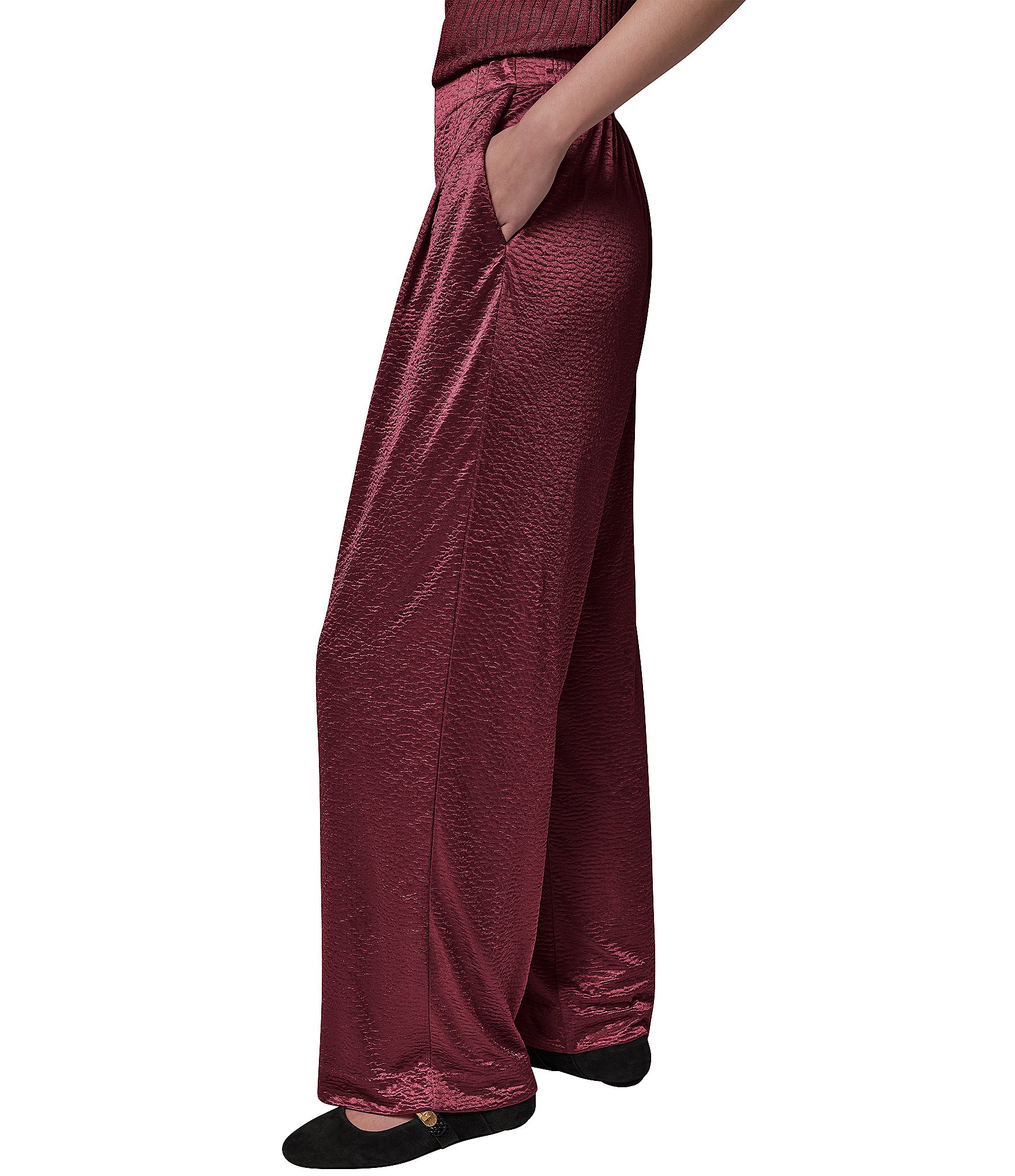 Donna Karan Solid Crinkle Knit Pleated Waist Wide Leg Pull-On Pants
