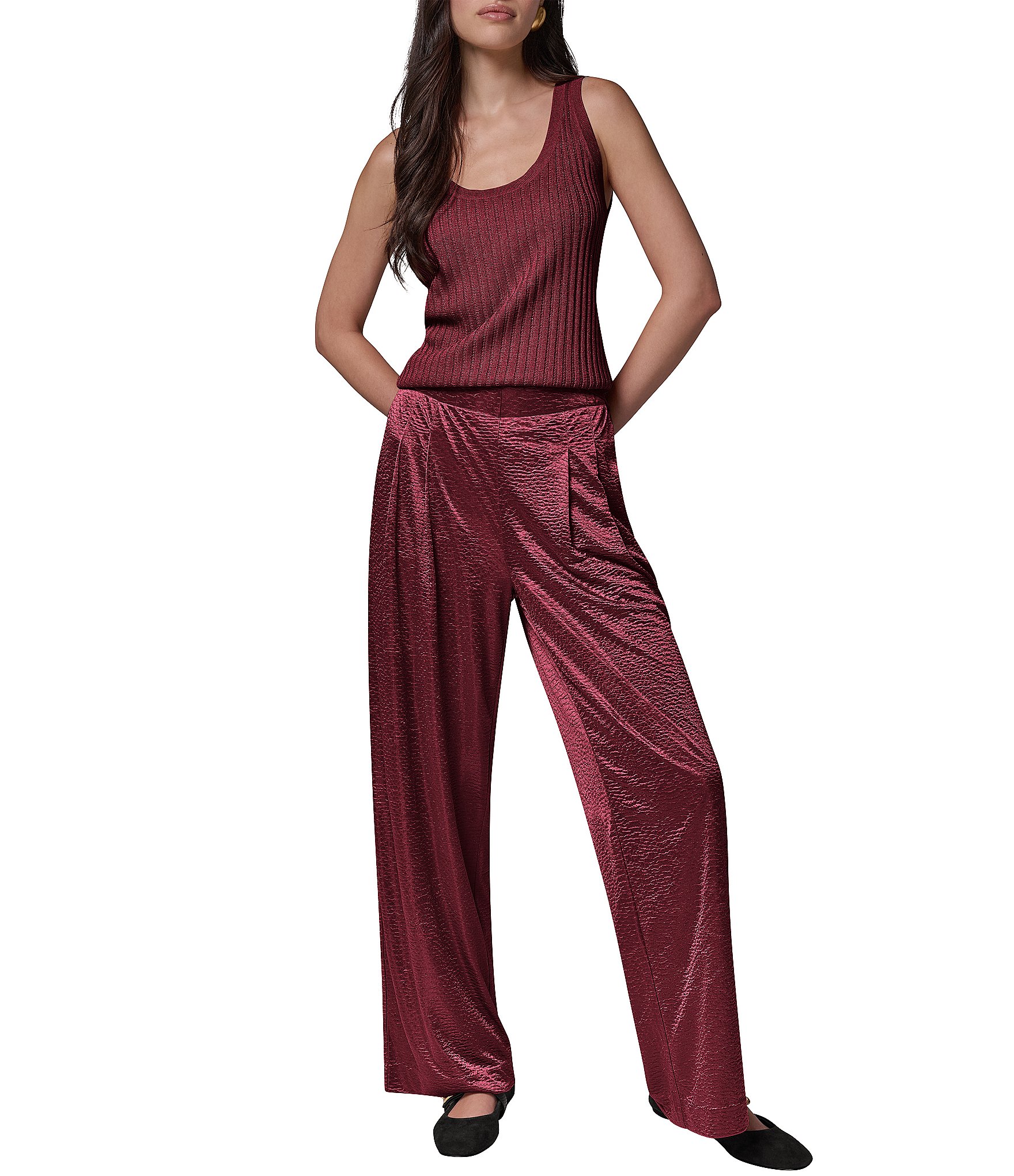 Donna Karan Solid Crinkle Knit Pleated Waist Wide Leg Pull-On Pants