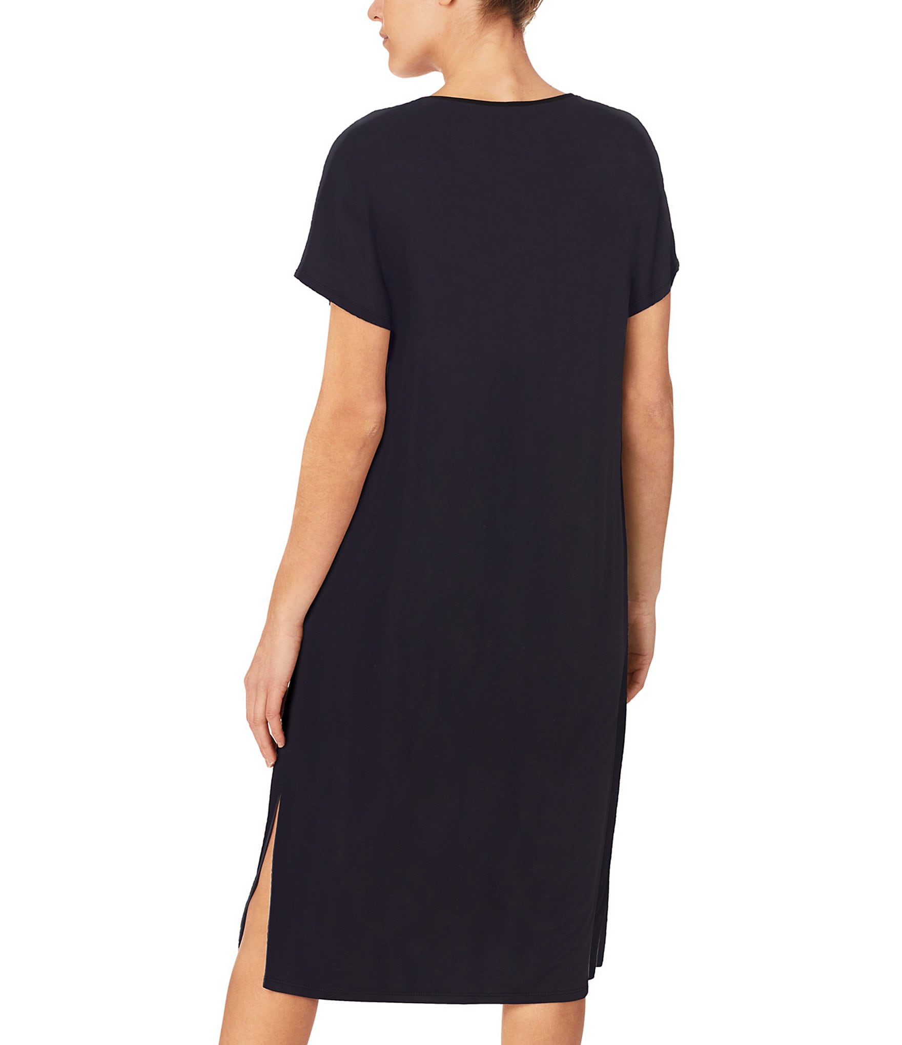 Donna Karan Solid Knit V-Neck Short Sleeve Slit Hem Nightgown