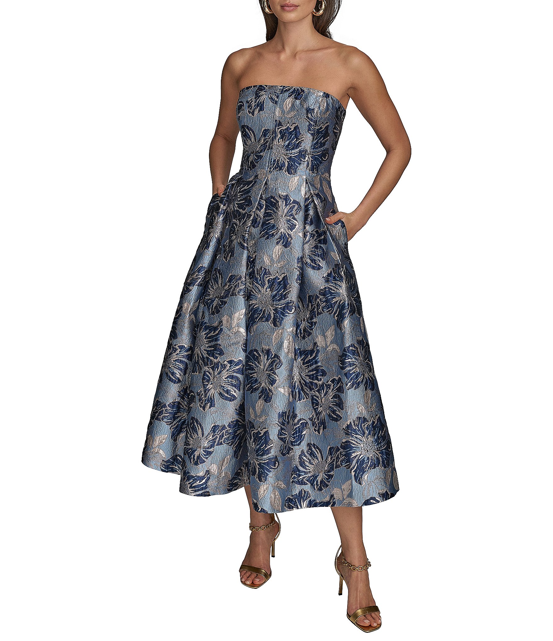 Donna Karan Strapless Jaquard Floral Print A-Line Midi Dress