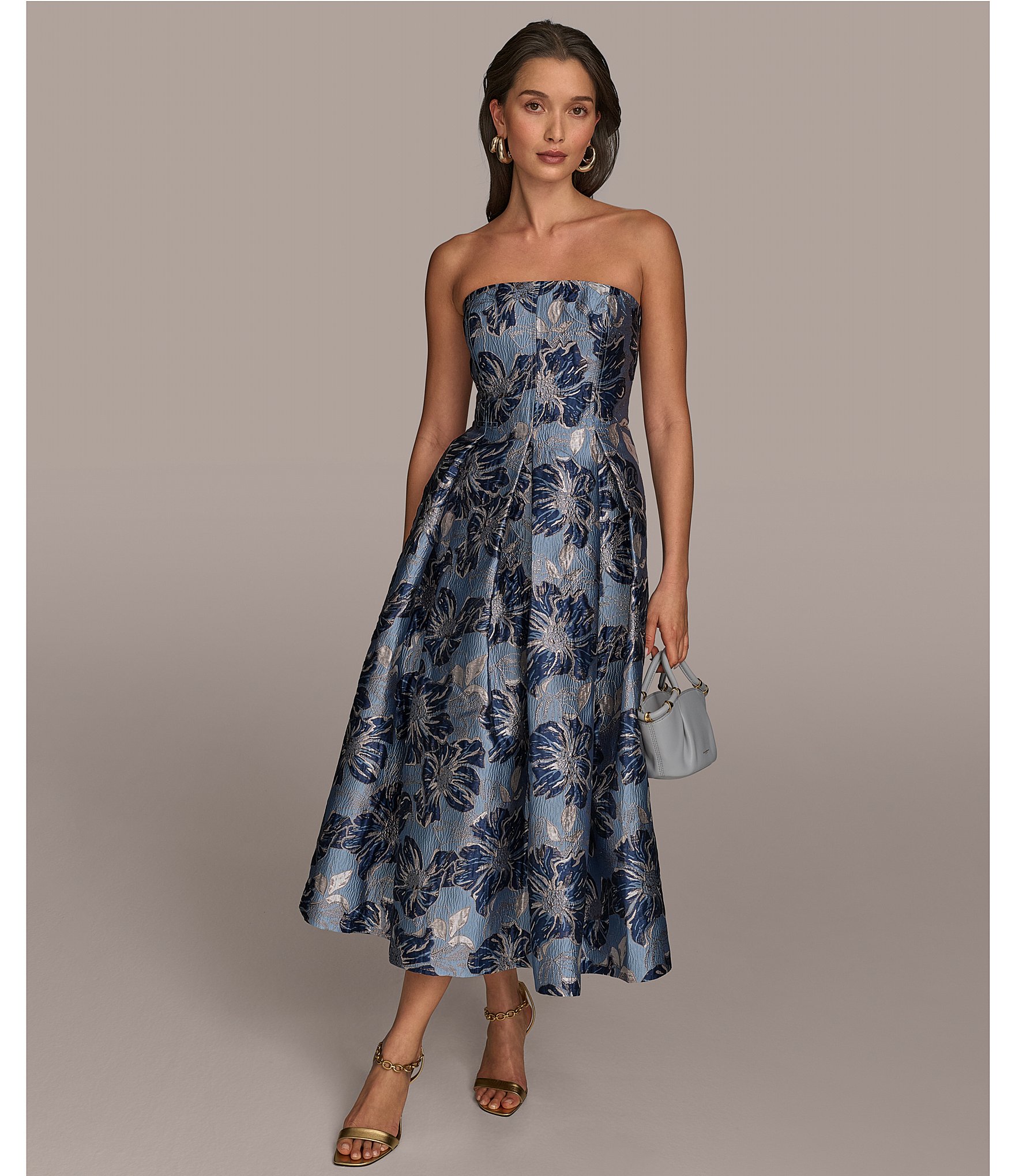 Donna Karan Strapless Jaquard Floral Print A-Line Midi Dress
