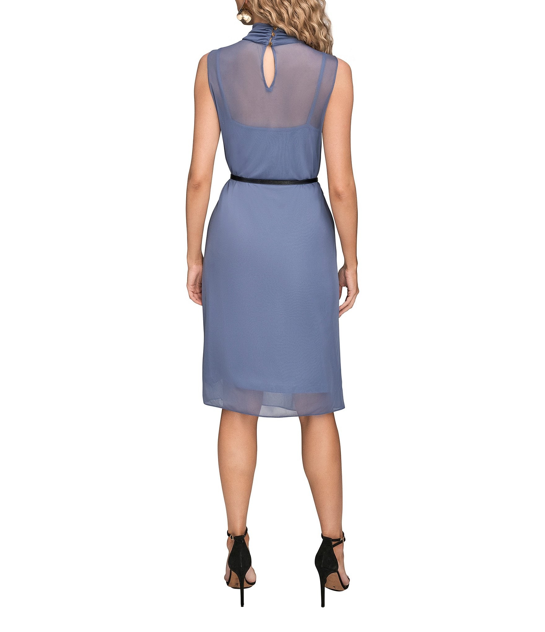 Donna Karan Stretch Chiffon Mock Neck Sleeveless Center Pleat Belted Dress