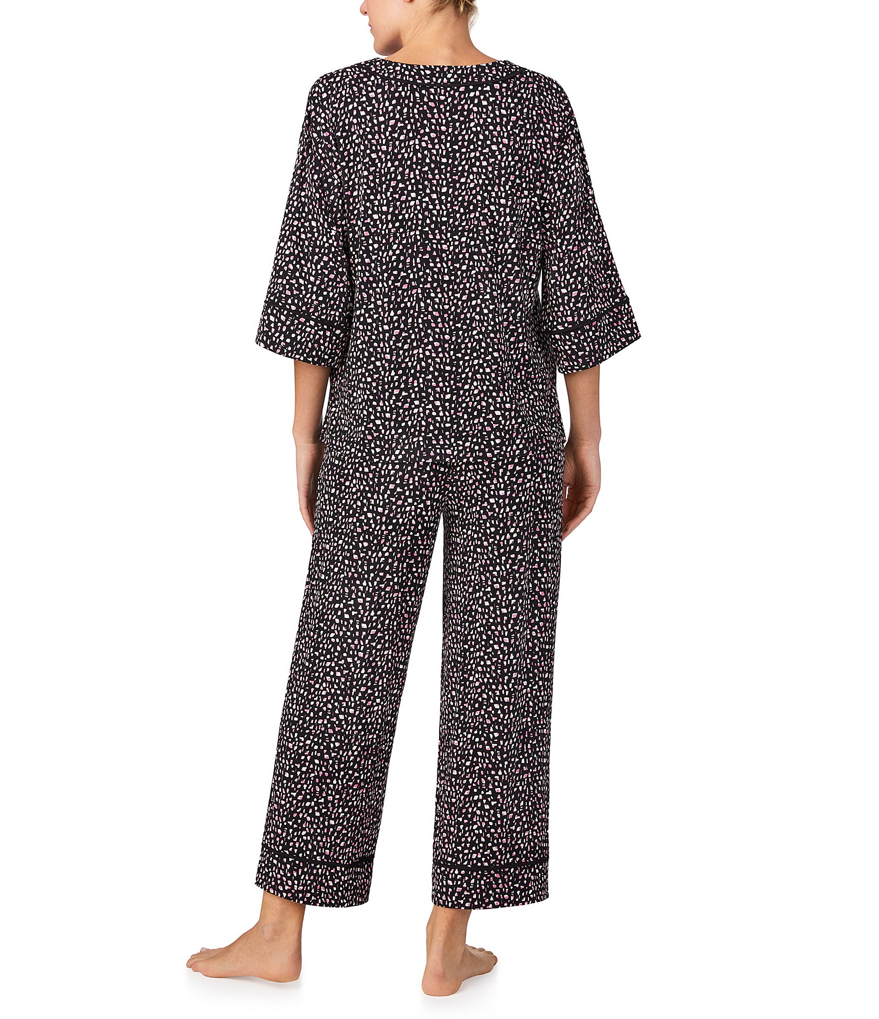 Donna Karan Texture Print Knit 3/4 Sleeve V-Neck Cropped Pajama Set