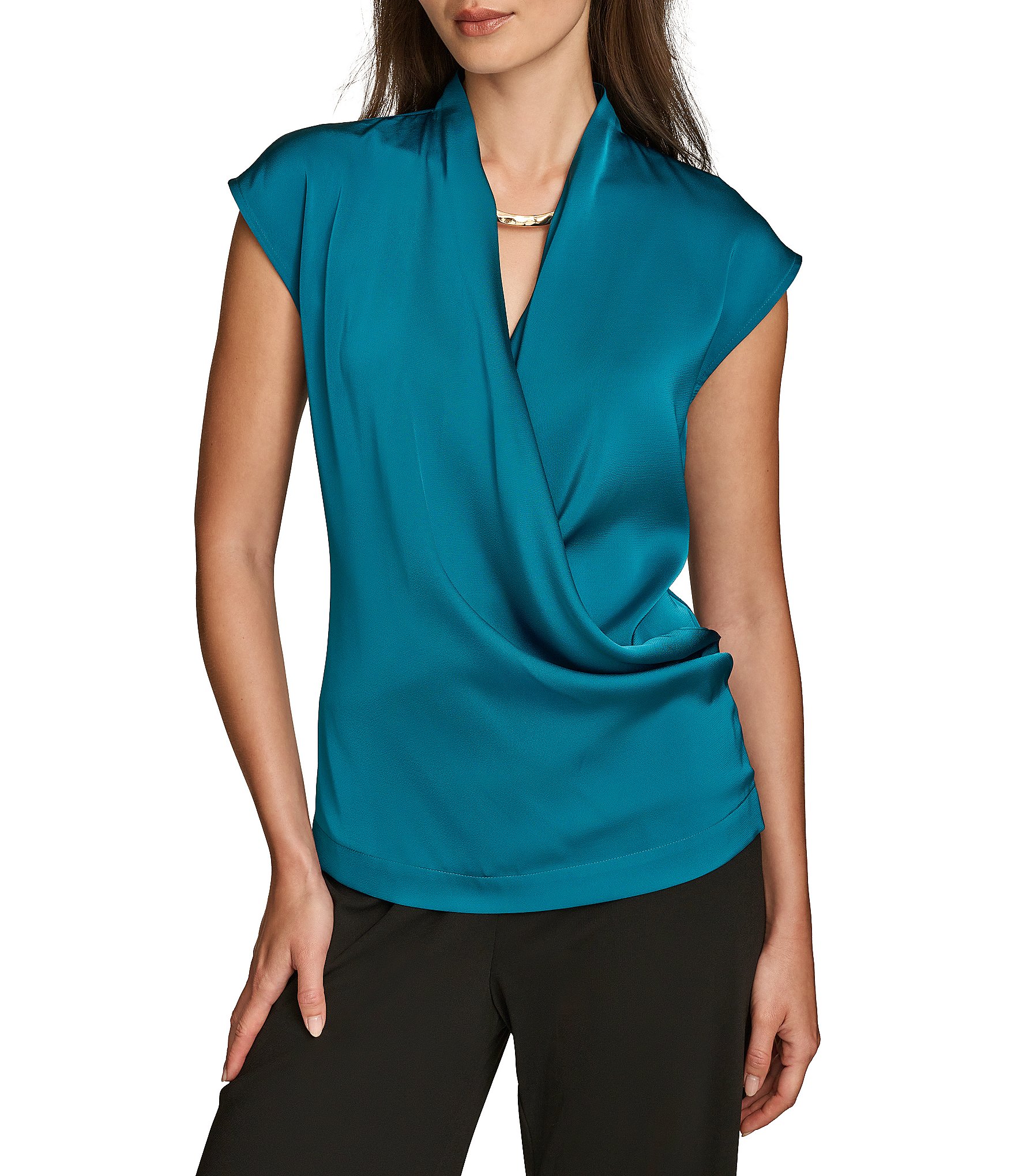 Donna Karan Textured Crepe Jersey Cap Sleeve Faux Wrap Blouse | Dillard's