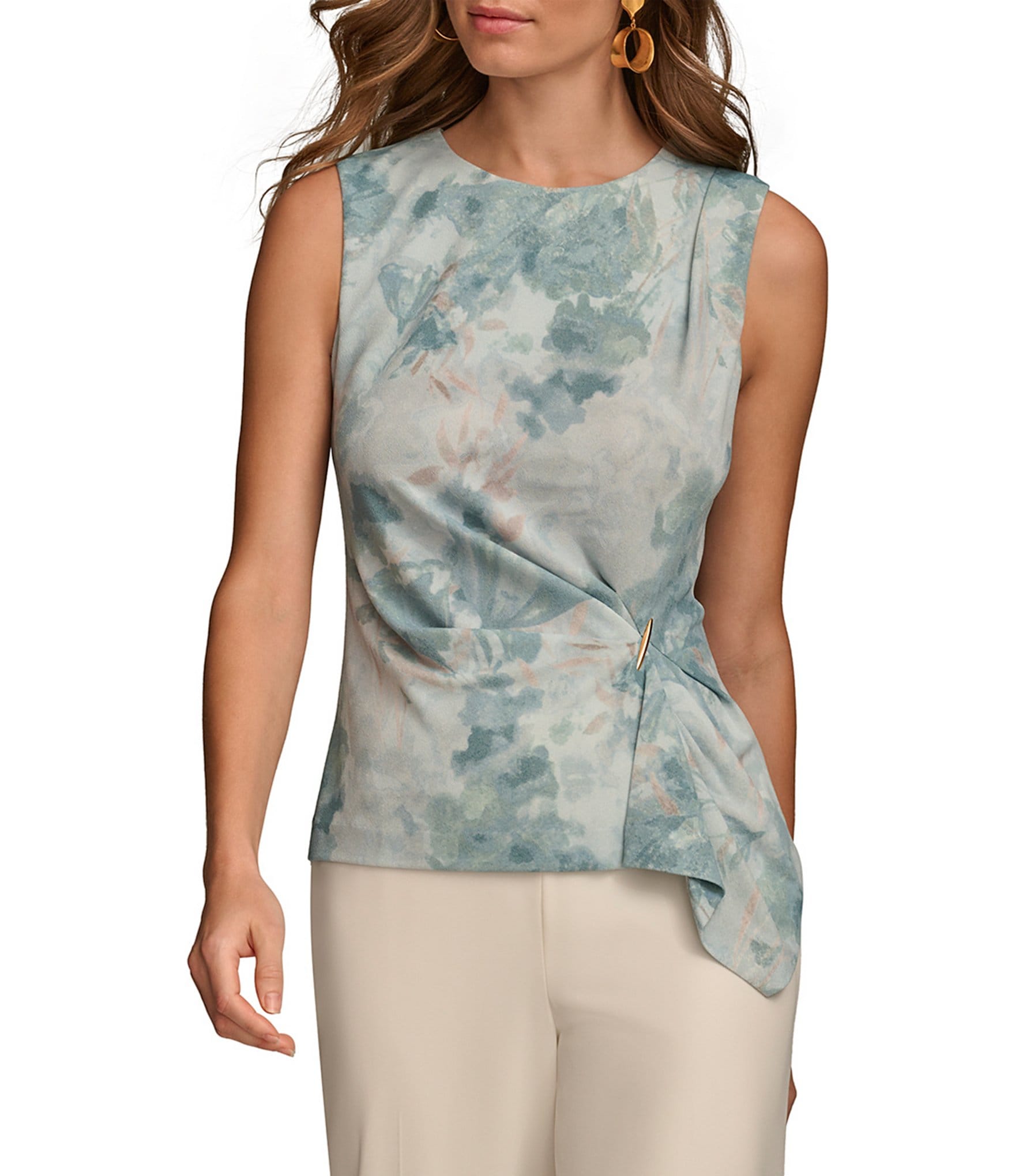 Donna Karan Textured Crepe Jersey Printed Crew Neck Sleeveless Hardware ...