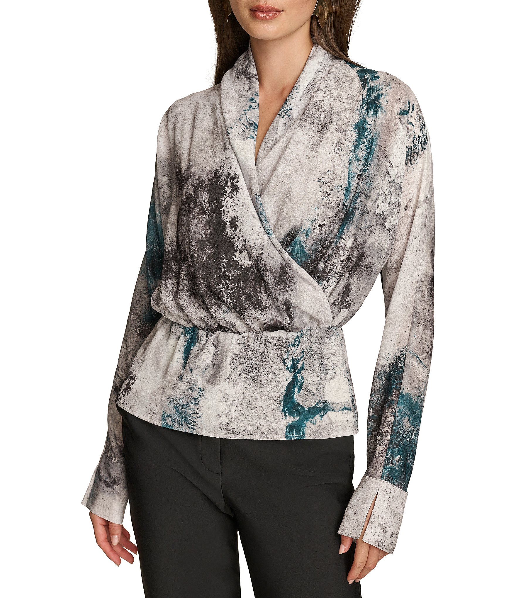 Donna Karan Textured Georgette Long Sleeve Faux Wrap Blouse | Dillard's