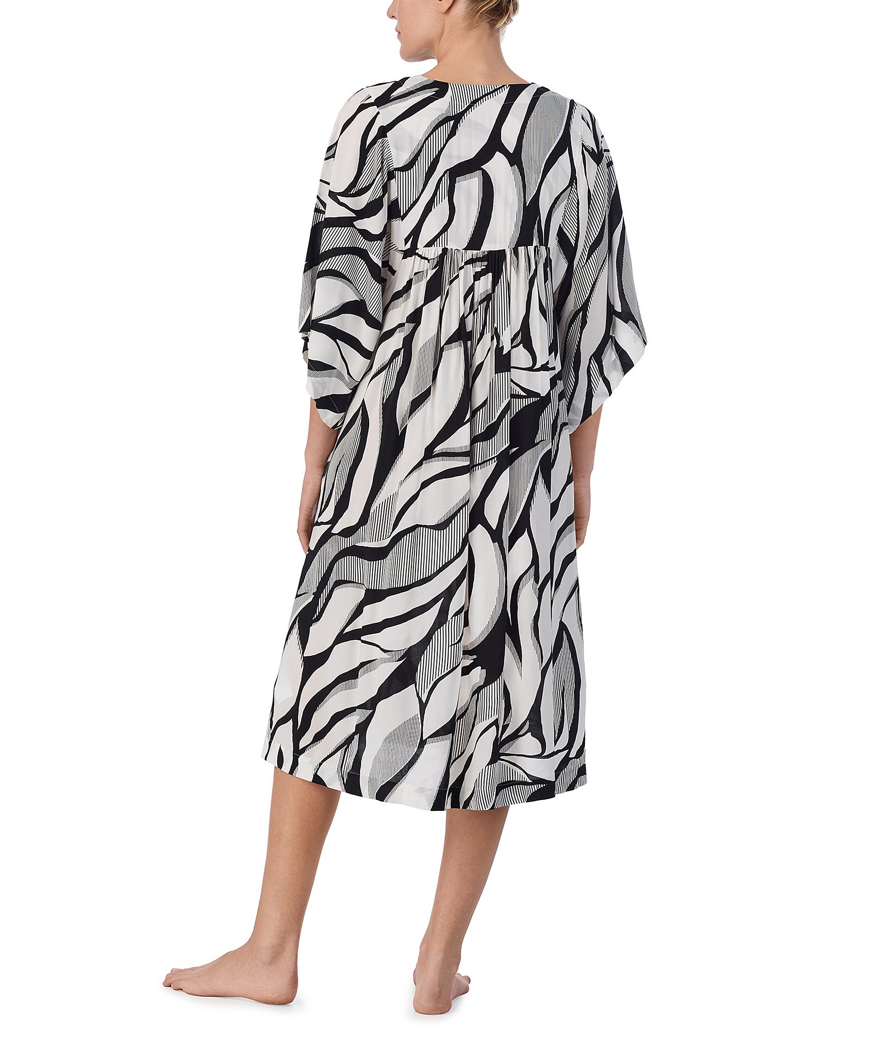 Donna Karan Tropical Print Half Sleeve V Neck Woven Sleepshirt