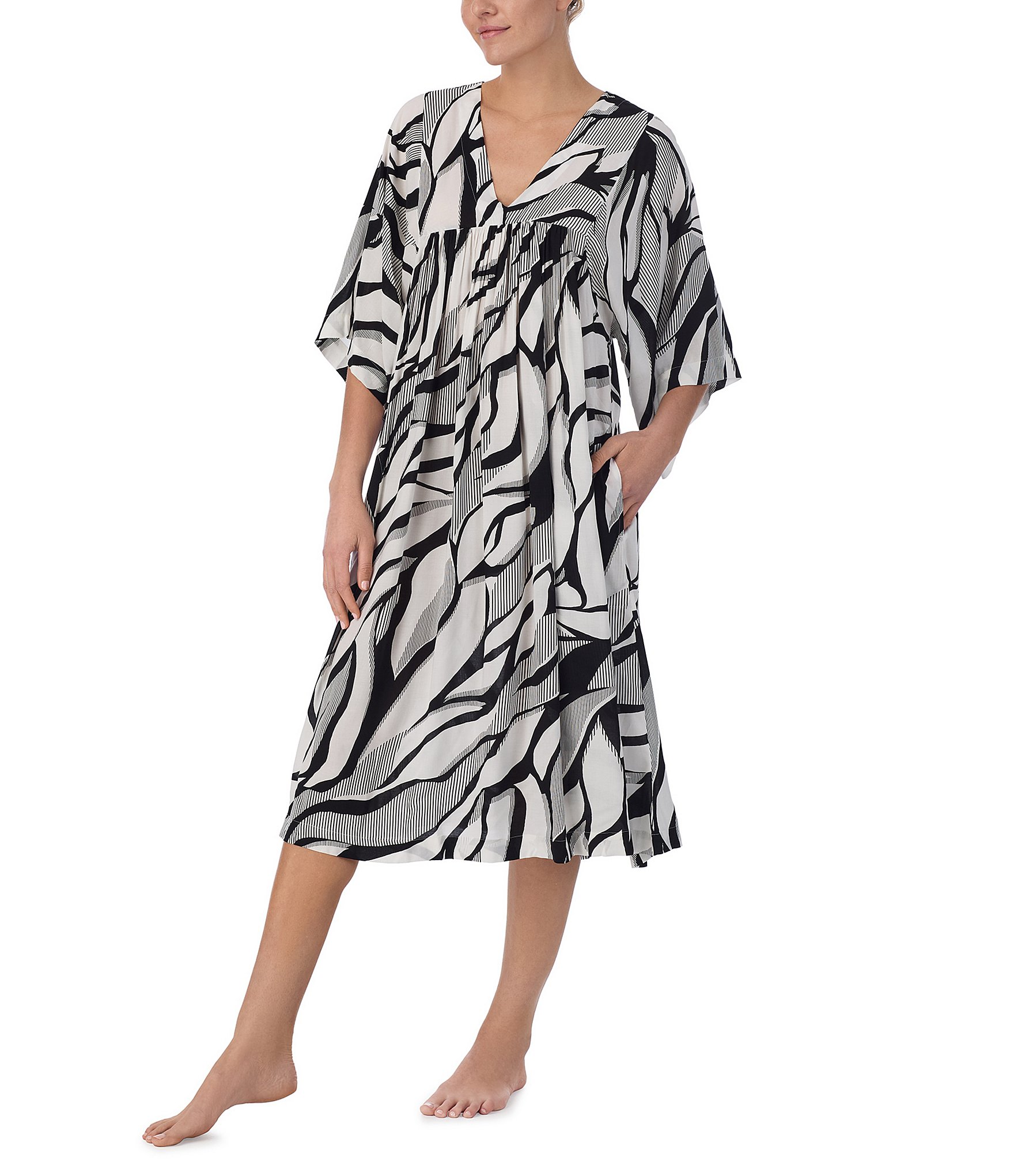 Donna Karan Tropical Print Half Sleeve V Neck Woven Sleepshirt