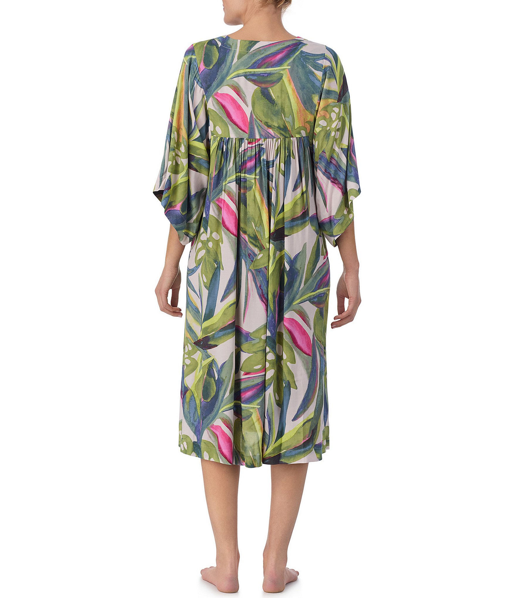 Donna Karan Tropical Print Shirred 3/4 Sleeve V-Neck Woven Sleepshirt