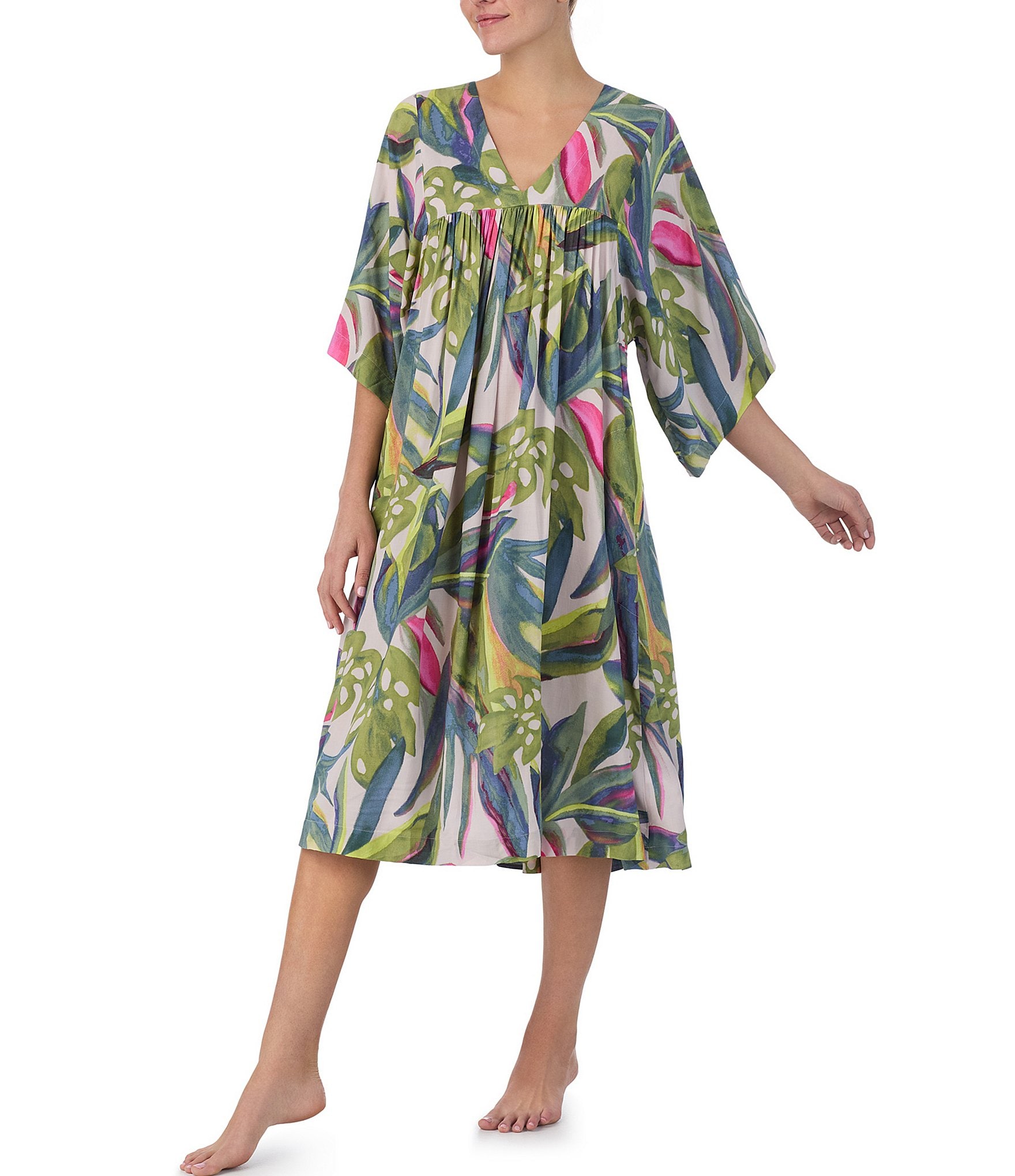 Donna Karan Tropical Print Shirred 3/4 Sleeve V-Neck Woven Sleepshirt