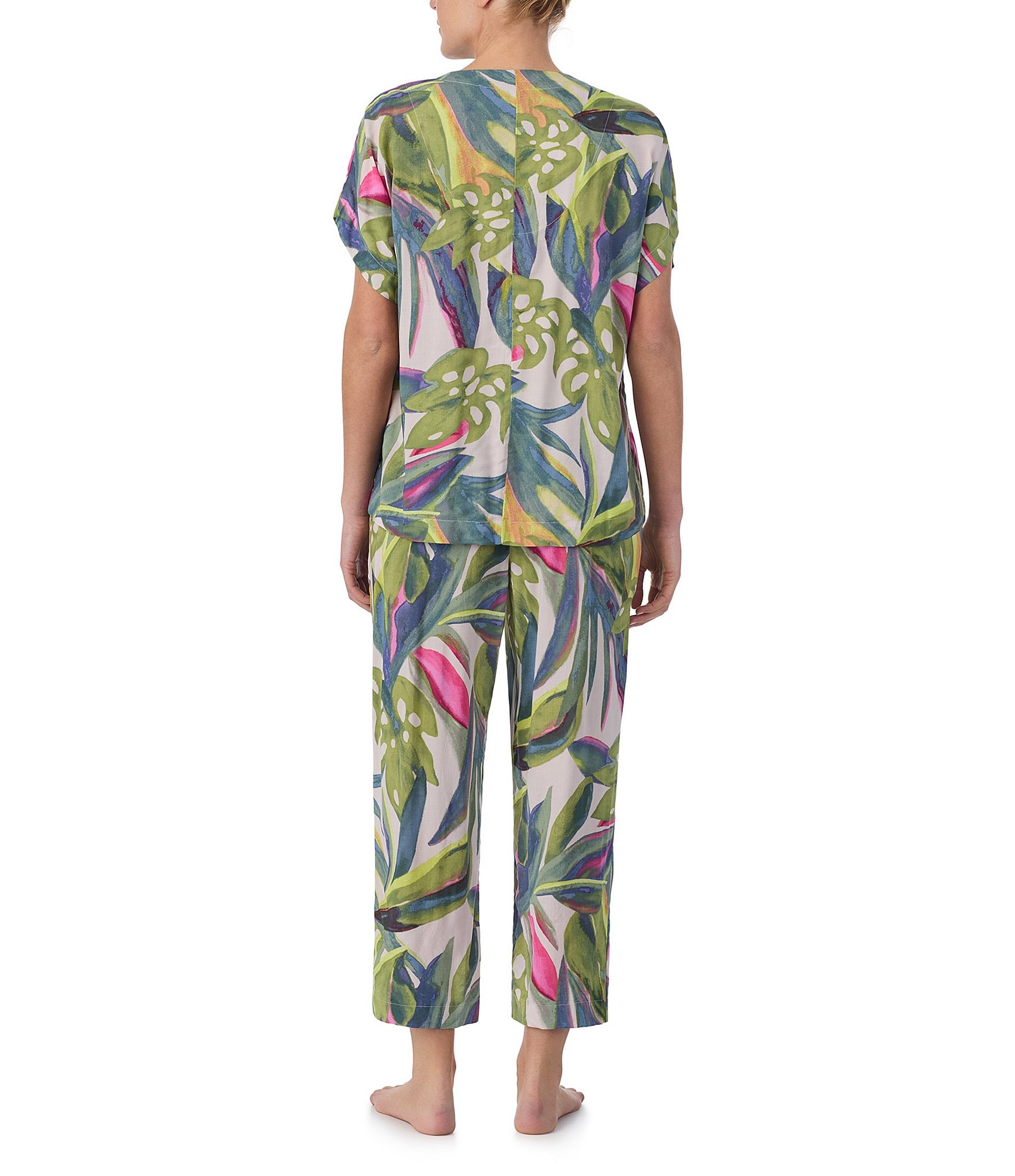 Donna Karan Tropical Printed Dolman Sleeve V-Neck Woven Cropped Pajama Set