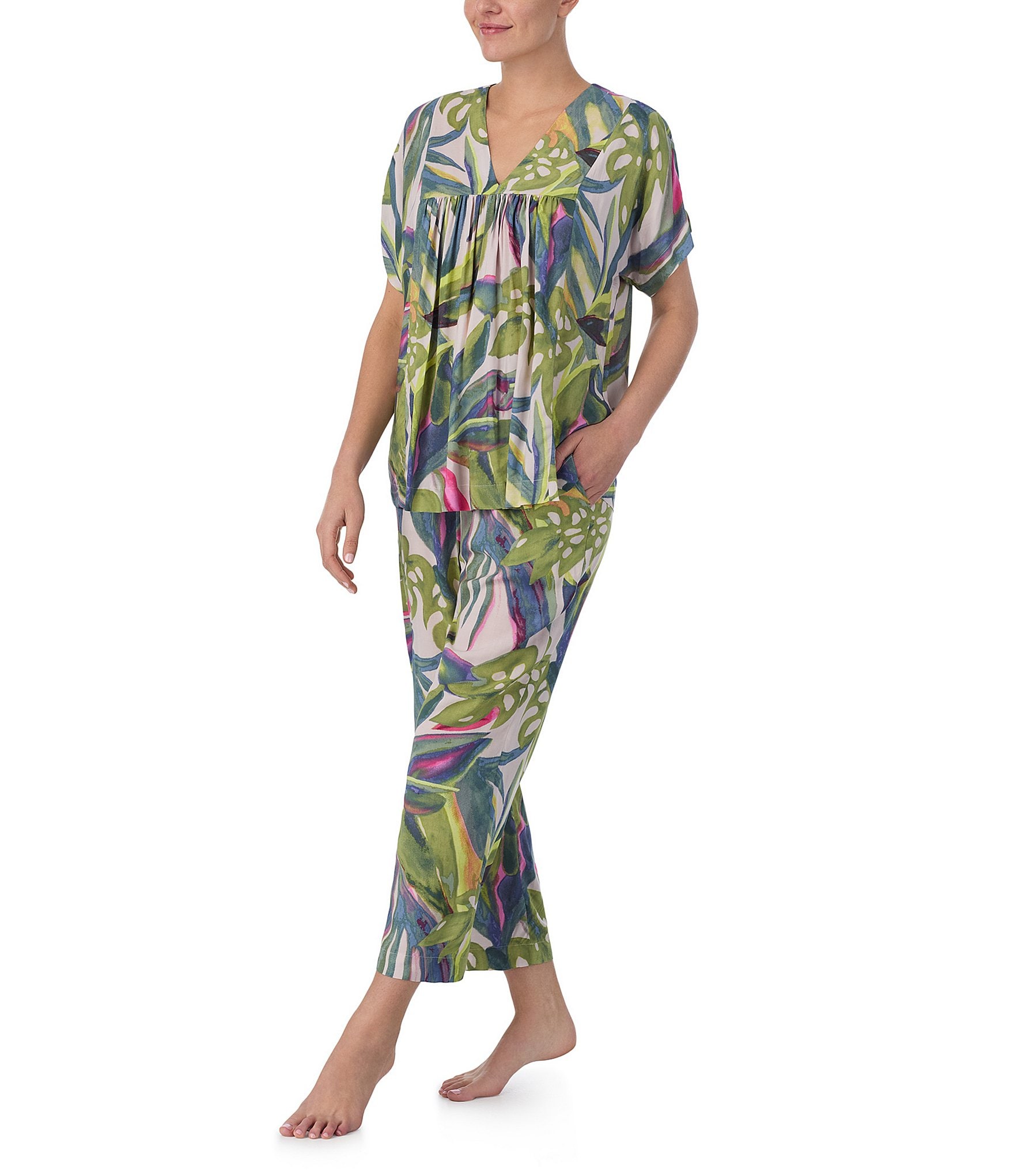 Donna Karan Tropical Printed Dolman Sleeve V-Neck Woven Cropped Pajama Set