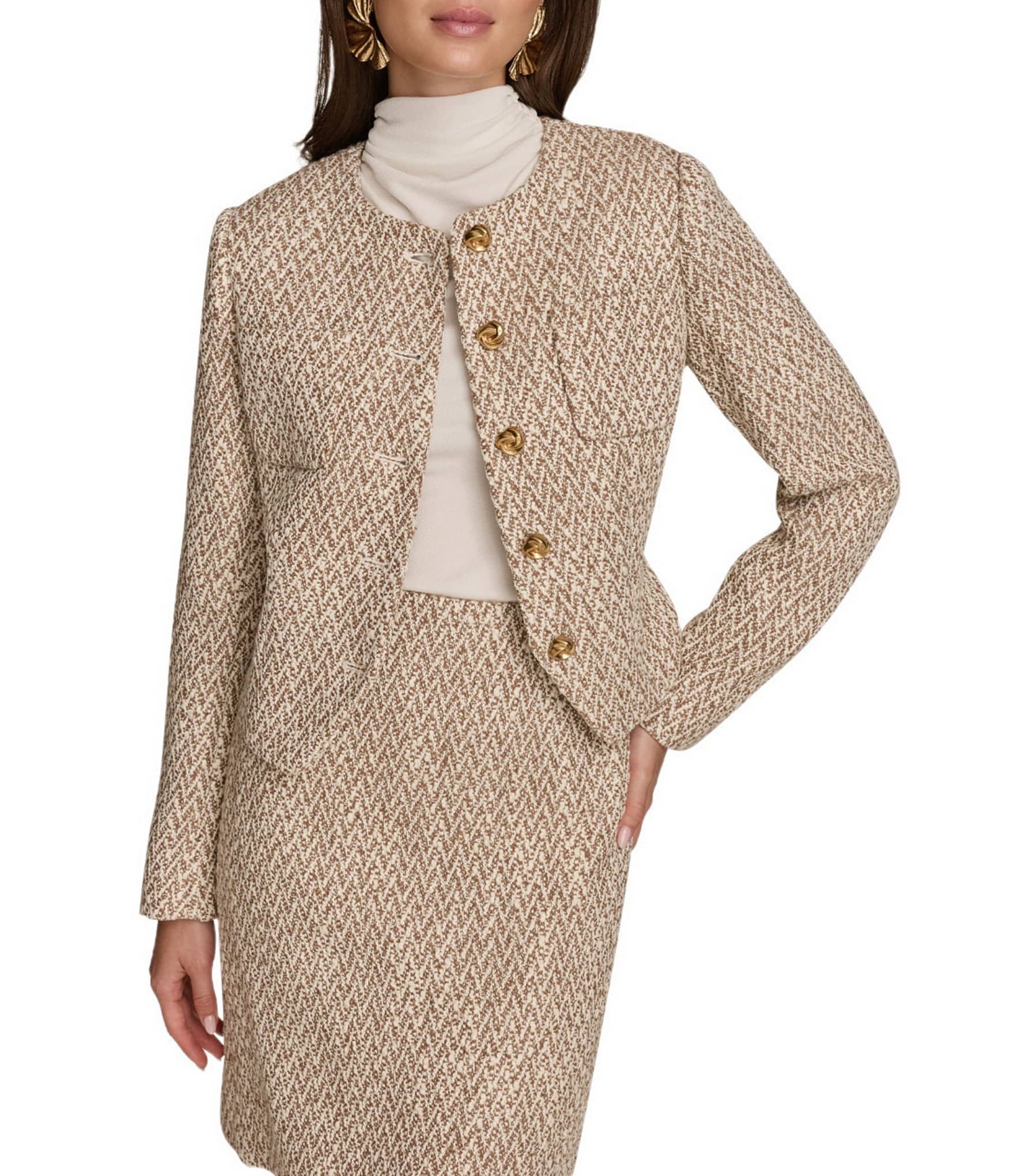 Donna Karan Tweed Collarless Crew Neck Button-Front Cropped