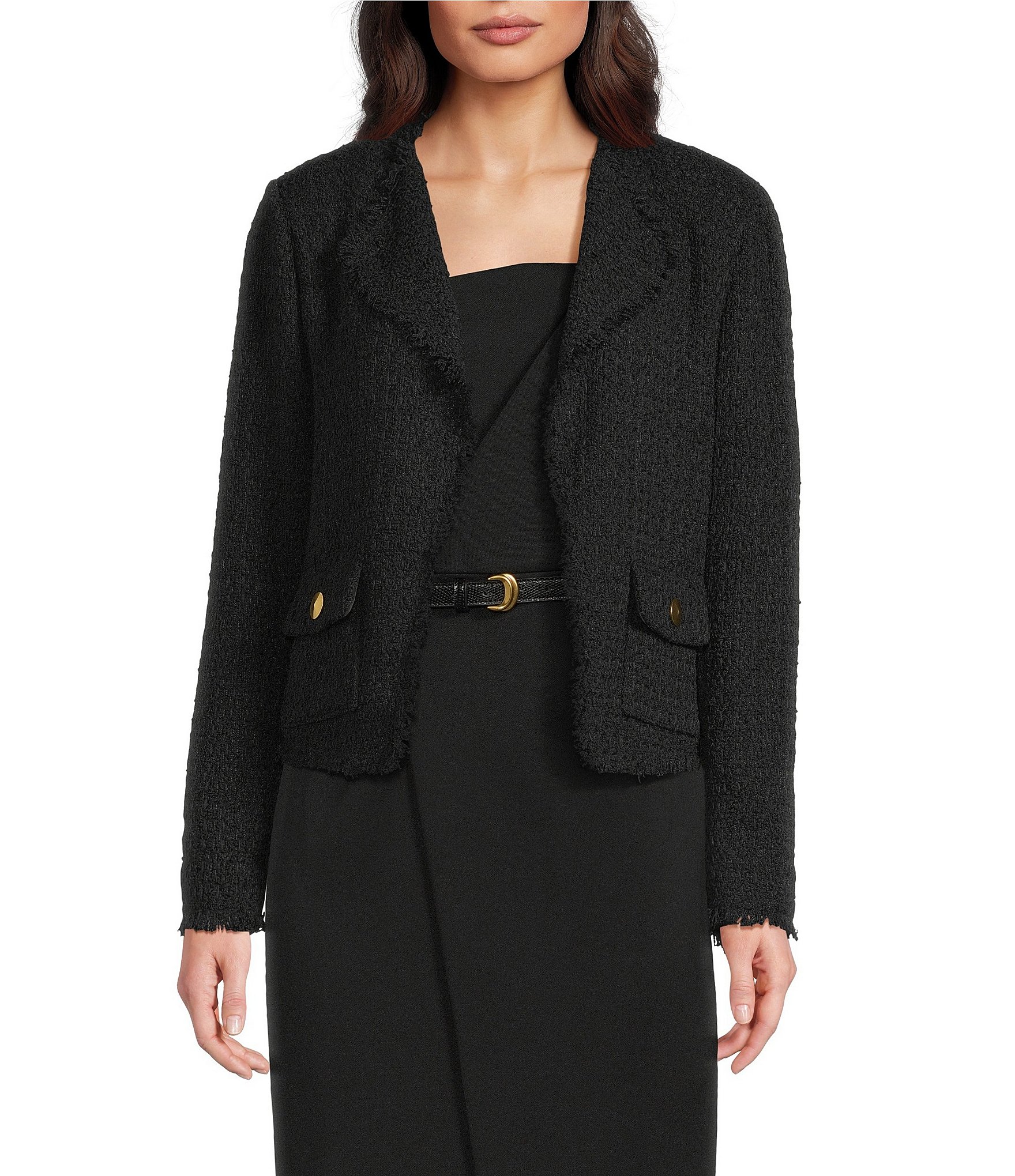 Donna Karan Tweed Notch Collar Long Sleeve Open Front Jacket