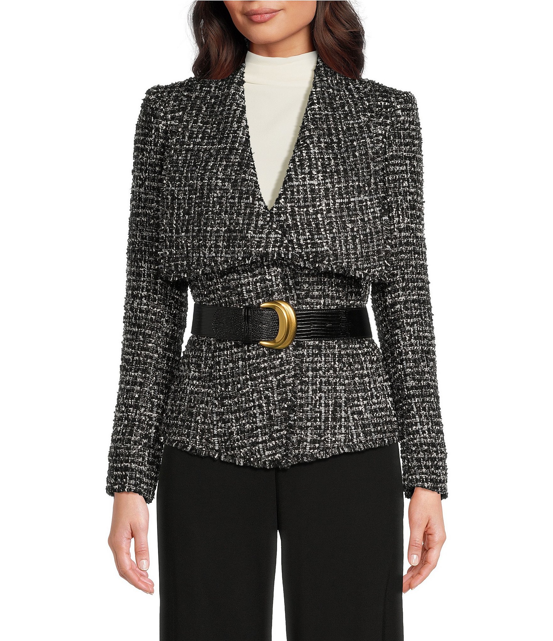 Soleil Tweed offers Belted Open Front Blazer with frayed trim size Small