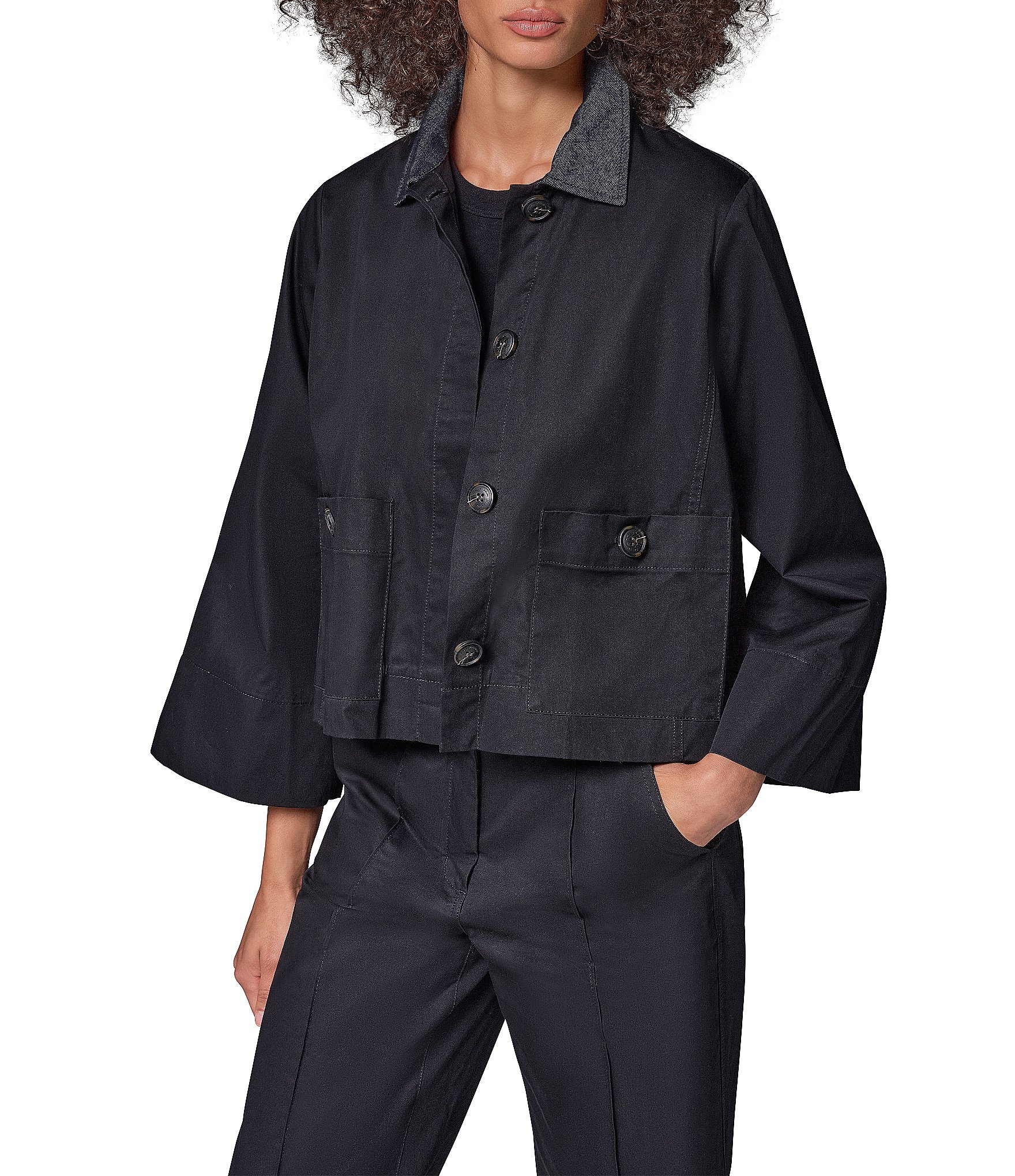 Donna Karan Twill Bell Sleeve Denim Collar Trapeze Jacket