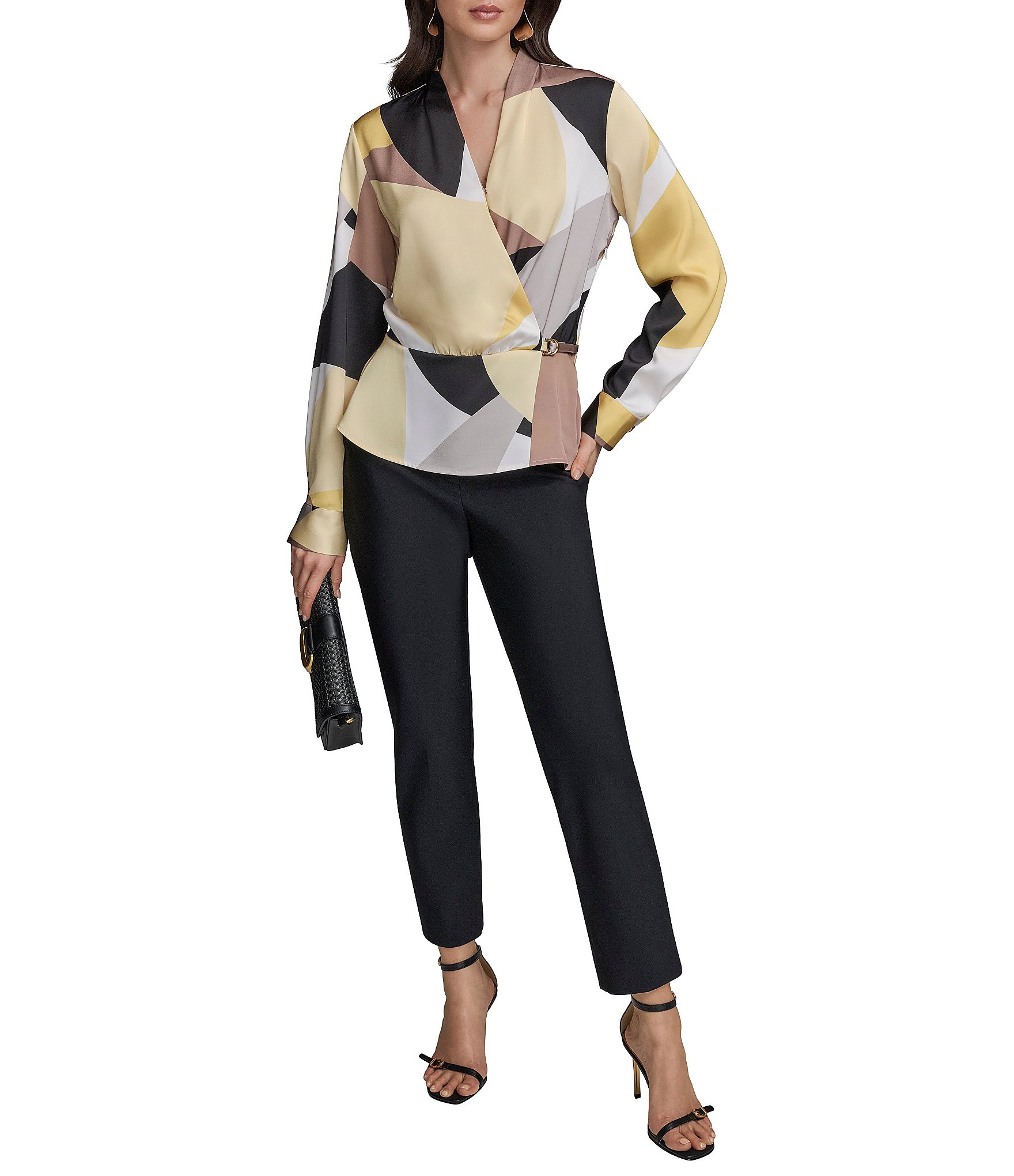 Donna Karan V-Neck, Long Sleeve Woven Print Faux Wrap Blouse