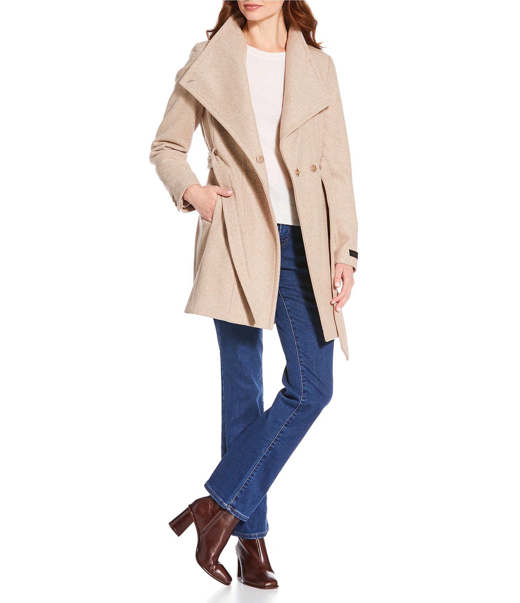 Donna Karan Wool Blend Asymmetrical Wing Collar Belted Wrap Coat