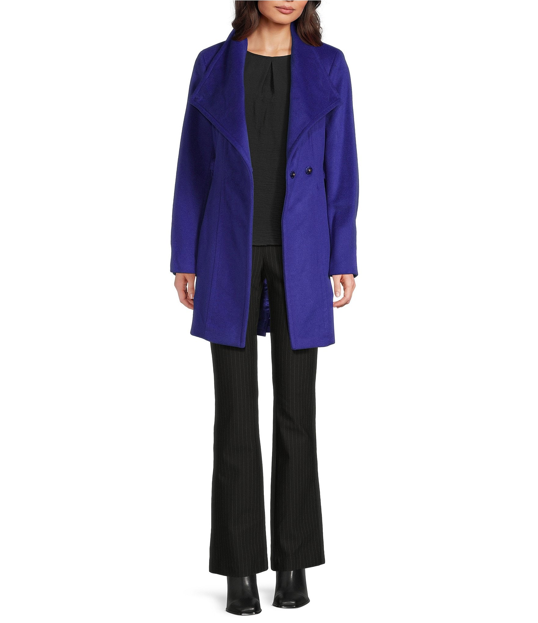 Donna Karan Wool Blend Asymmetrical Wing Collar Belted Wrap Coat