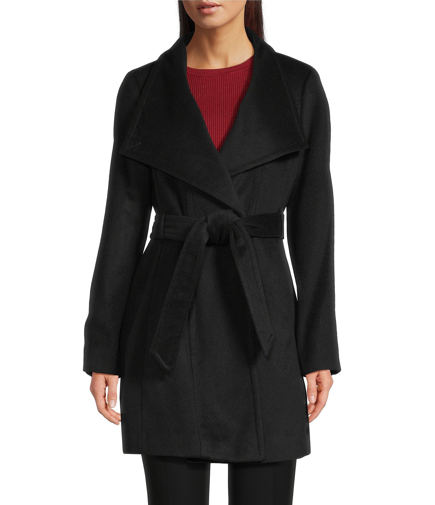 Donna Karan Wool Blend Asymmetrical Wing Collar Belted Wrap Coat