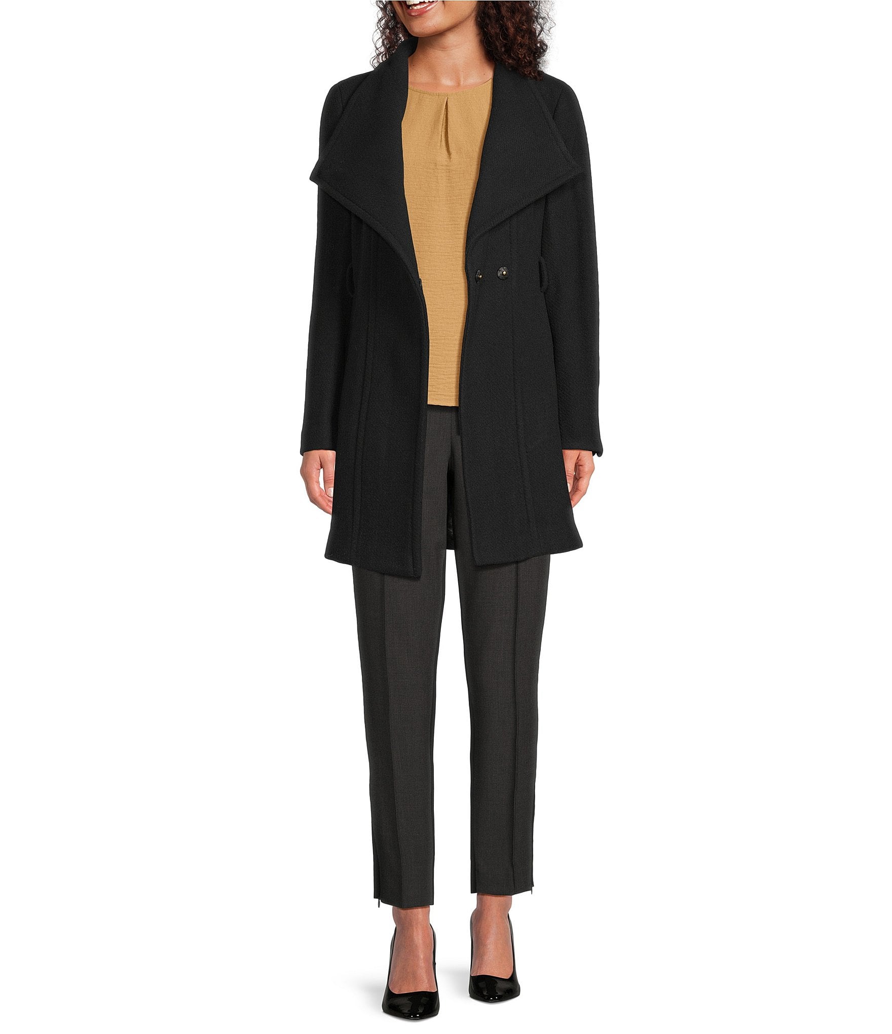 Donna Karan Wool Blend Asymmetrical Wing Collar Belted Wrap Coat