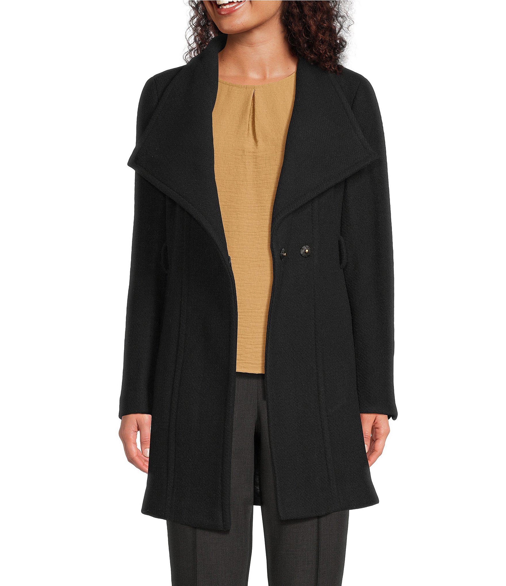 Donna Karan Wool Blend Asymmetrical Wing Collar Belted Wrap Coat