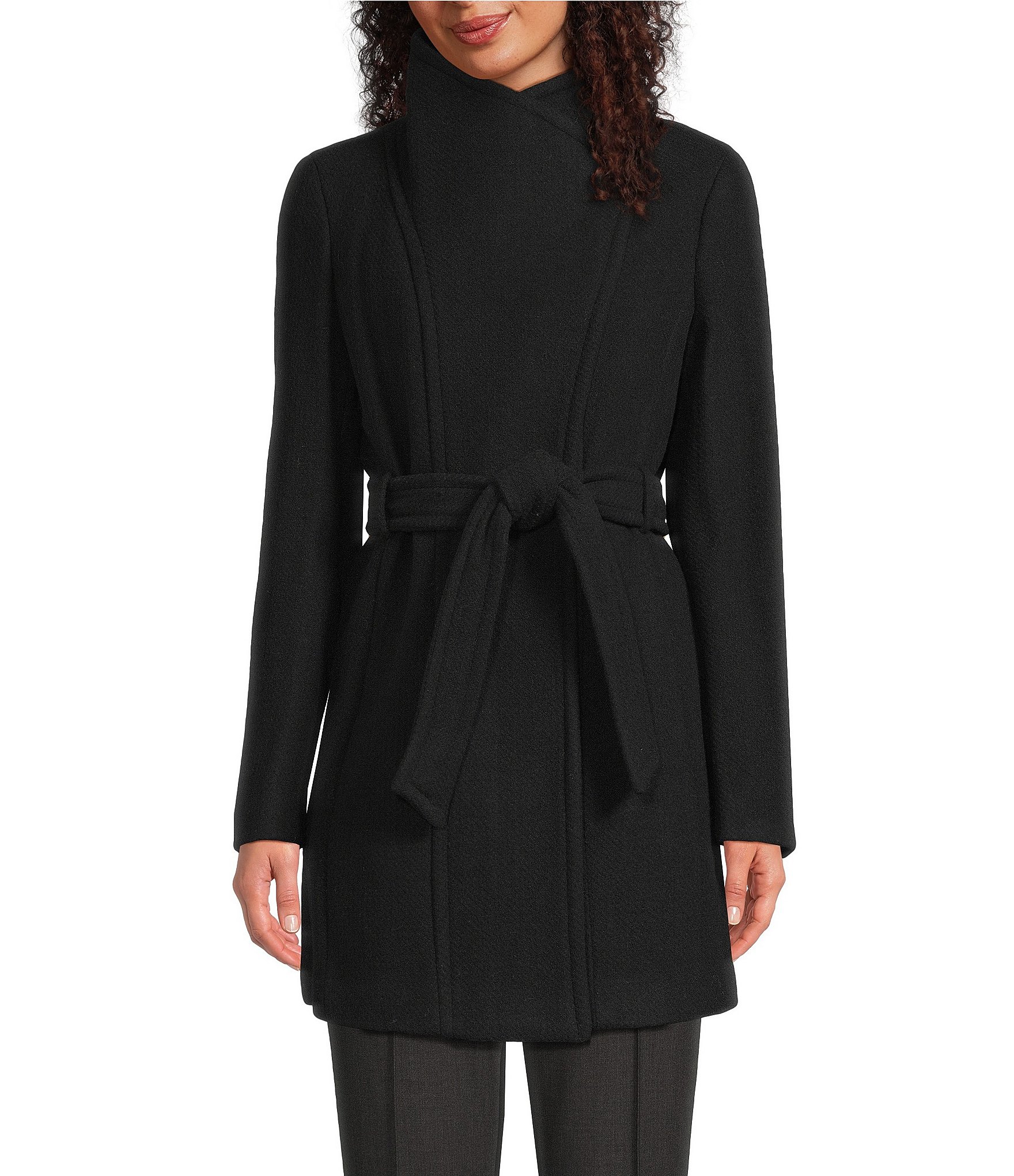 Donna Karan Wool Blend Asymmetrical Wing Collar Belted Wrap Coat