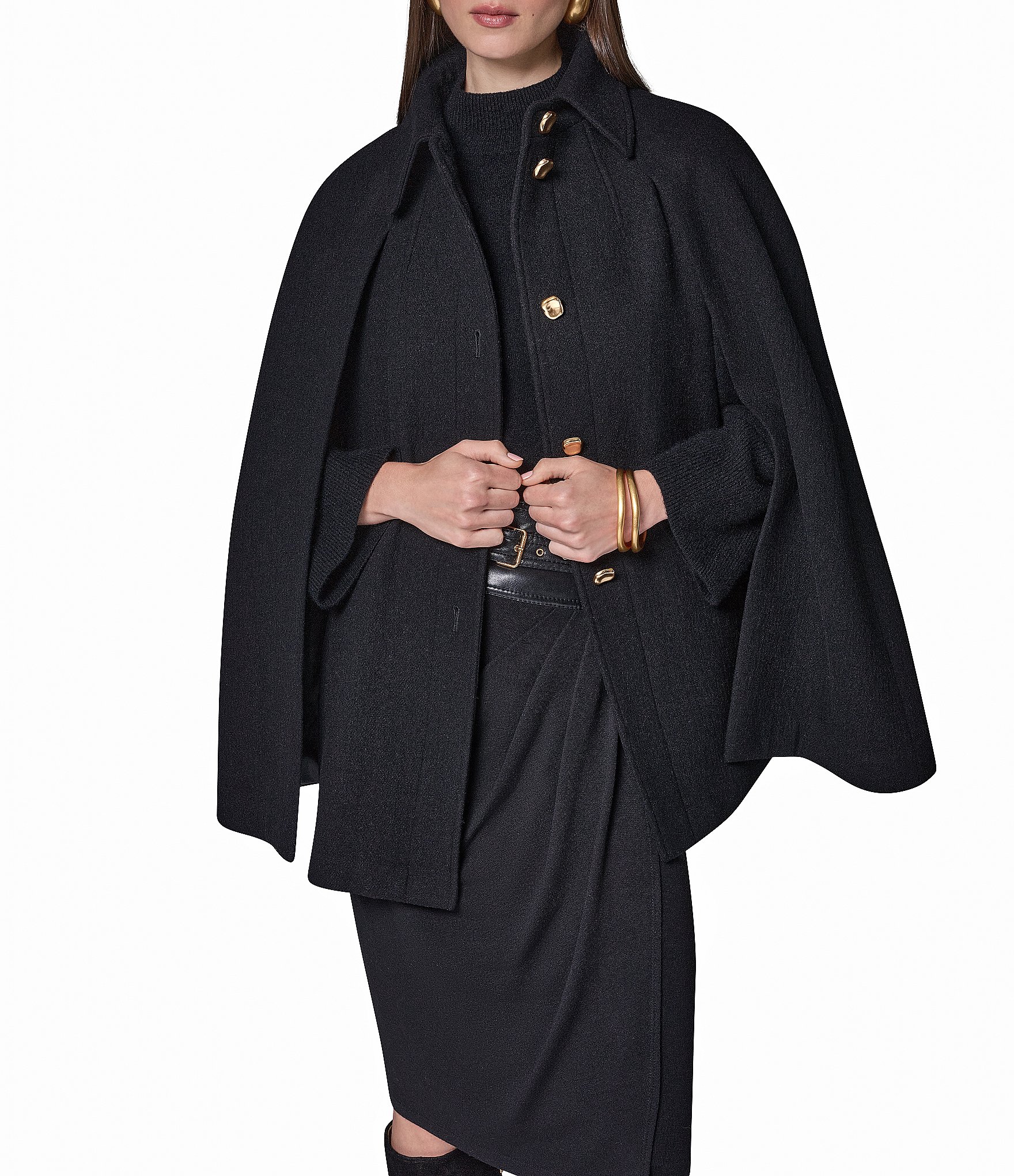 Donna Karan Wool Blend Point Collar Button Front Cape Coat