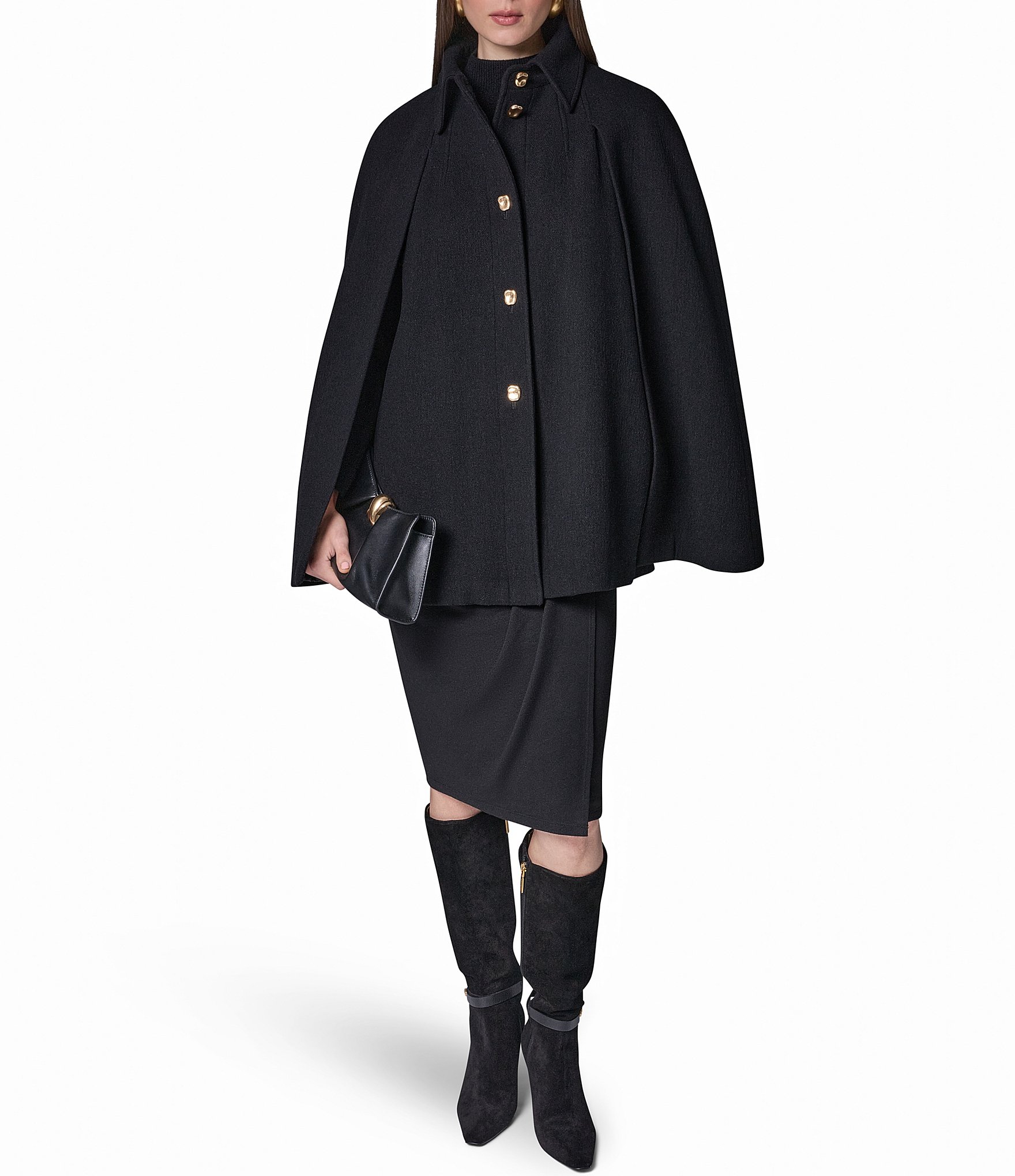 Donna Karan Wool Blend Point Collar Button Front Cape Coat