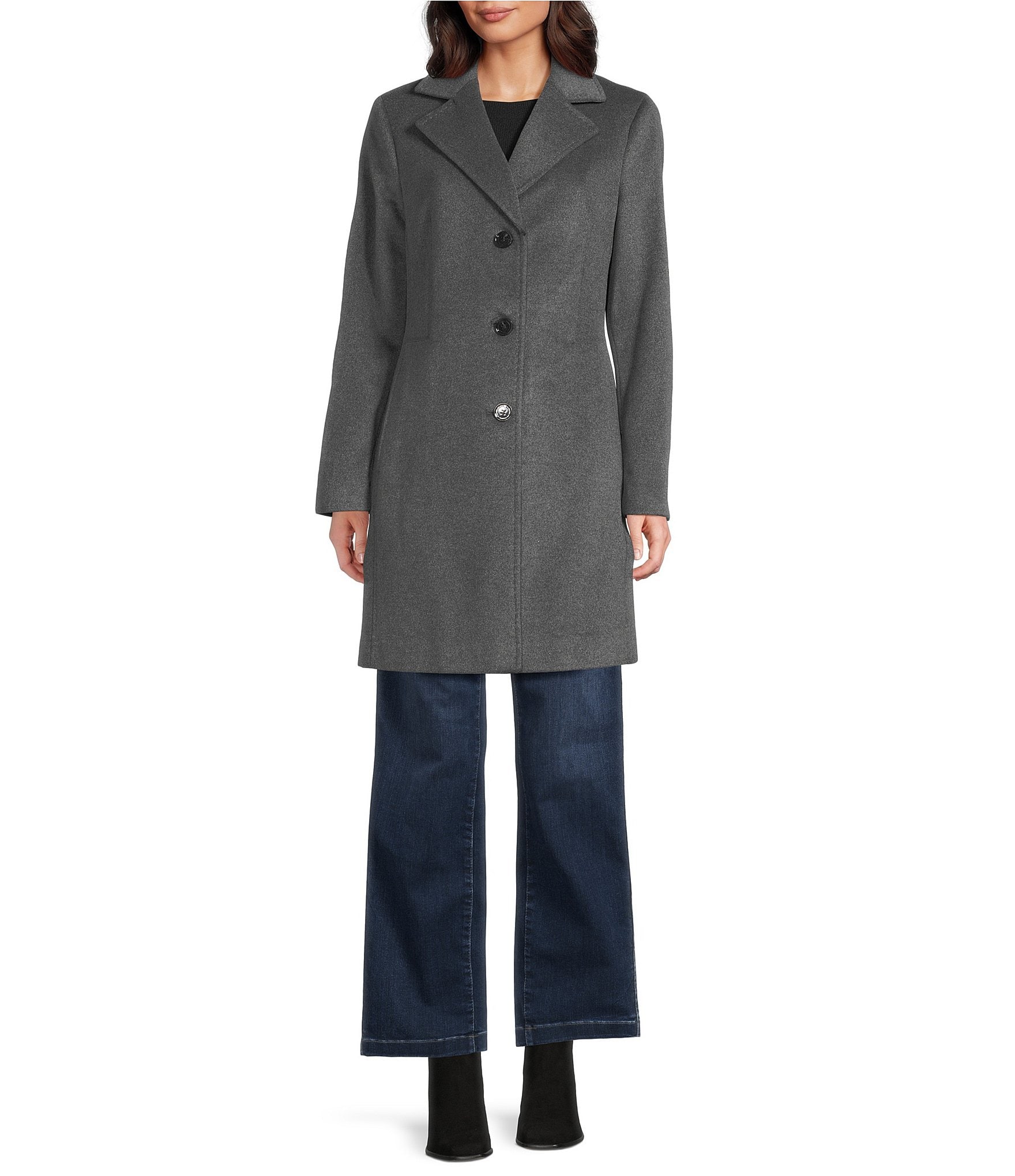Donna Karan Wool Cashmere Blend Notch Collar Button Front Reefer Coat