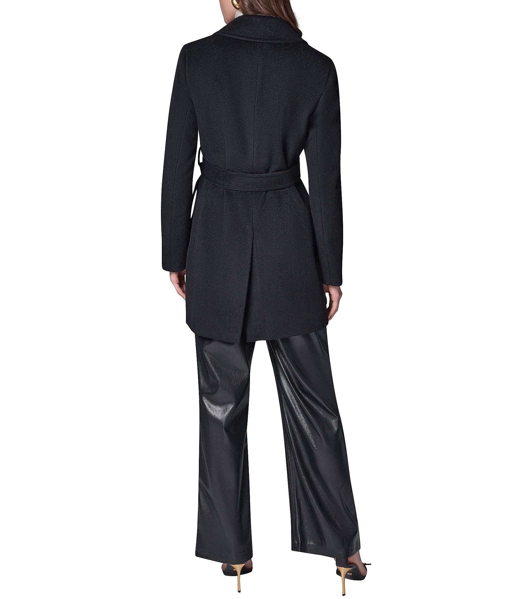 Donna Karan Wool Twin Blend Notch Collar Belted Wrap Coat