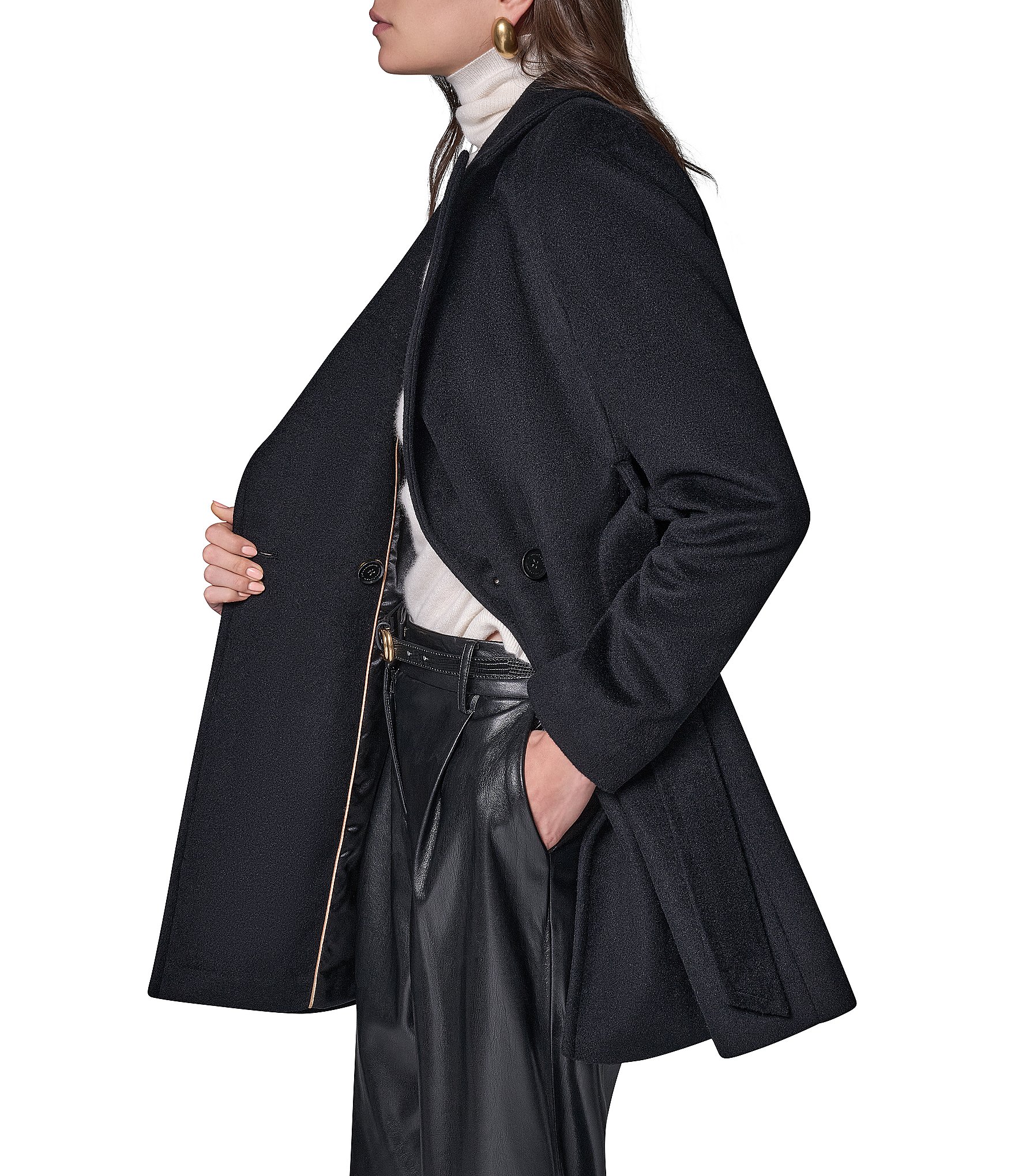 Donna Karan Wool Twin Blend Notch Collar Belted Wrap Coat