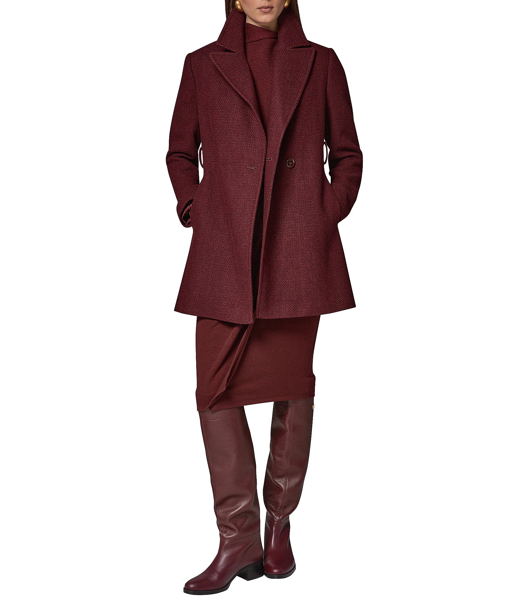 Donna Karan Wool Twin Blend Notch Collar Belted Wrap Coat