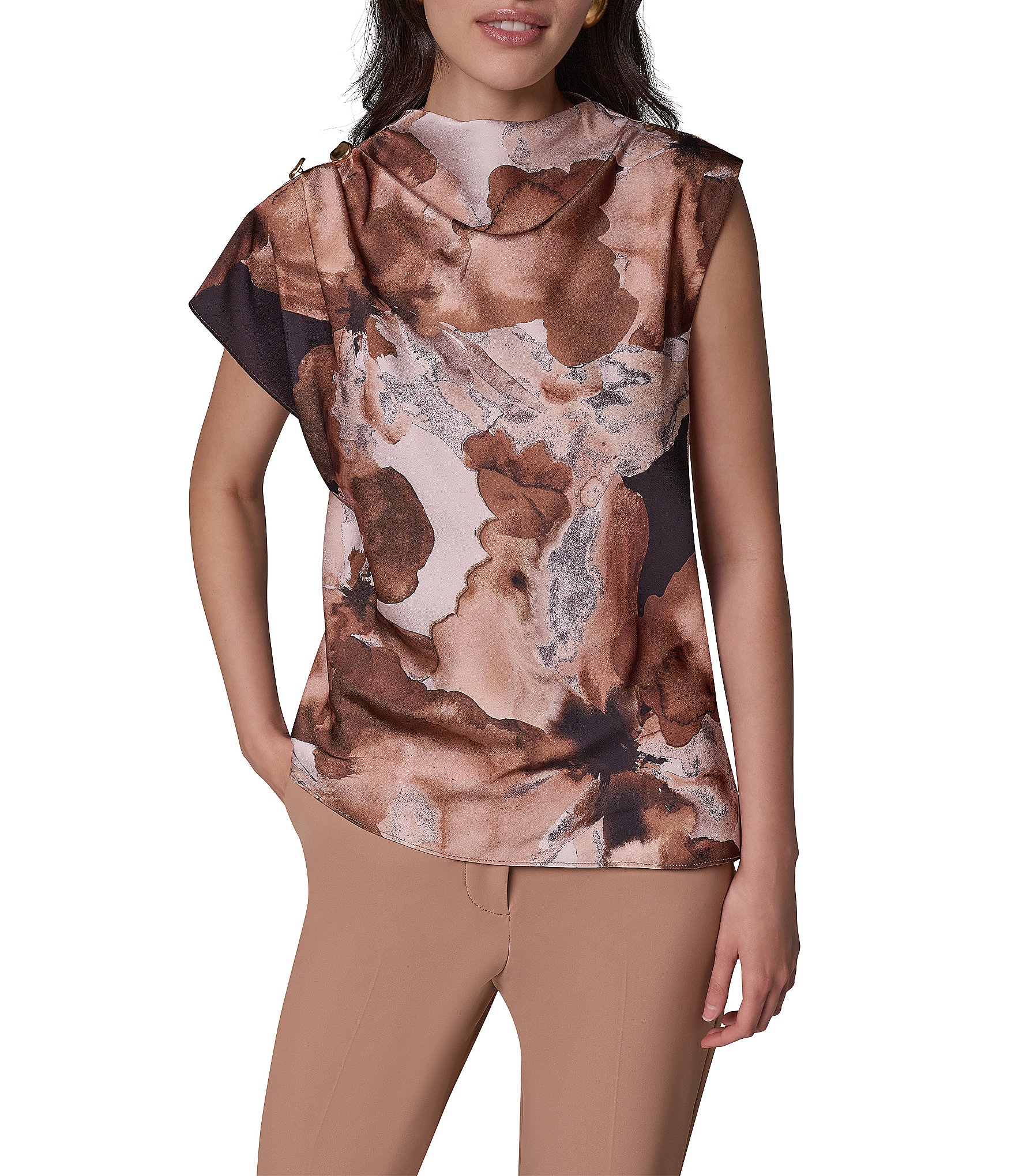 Donna Karan Woven Abstract Multi Print Asymmetric Mock Neck Cap Sleeve Top