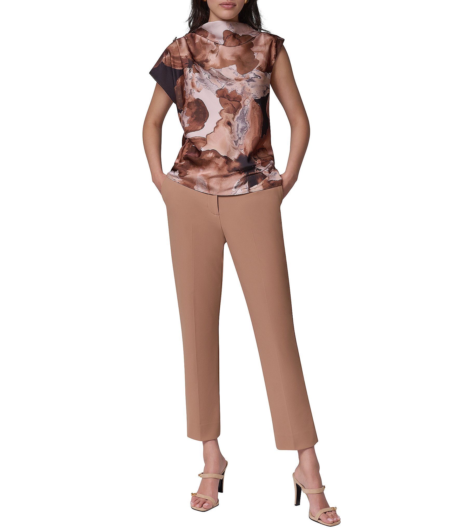 Donna Karan Woven Abstract Multi Print Asymmetric Mock Neck Cap Sleeve Top