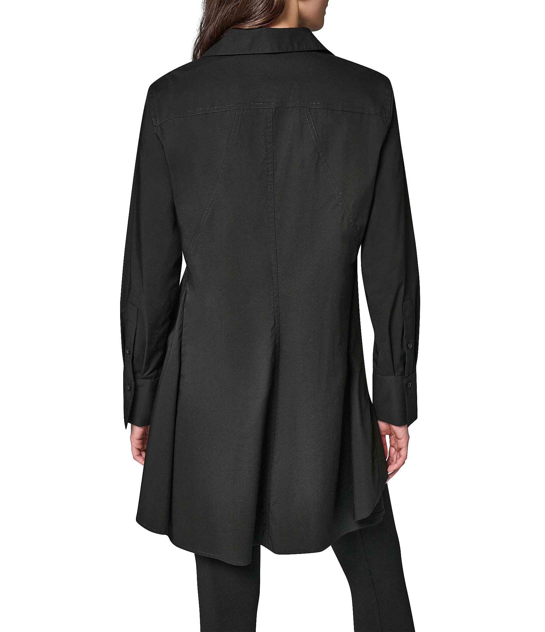 Donna Karan Woven Button Front Collared Long Sleeve High-Low A-line Tunic