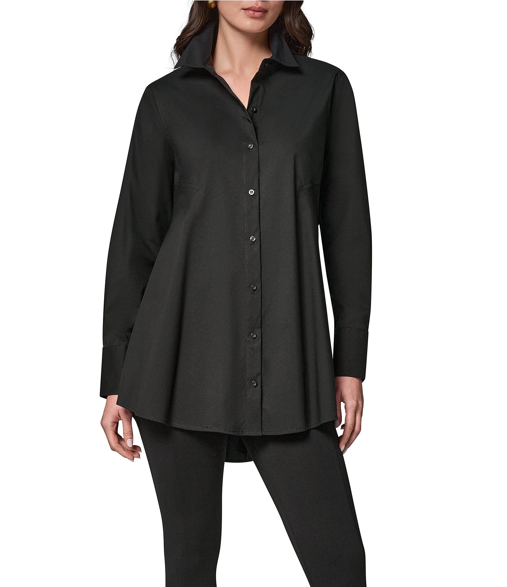 Donna Karan Woven Button Front Collared Long Sleeve High-Low A-line Tunic